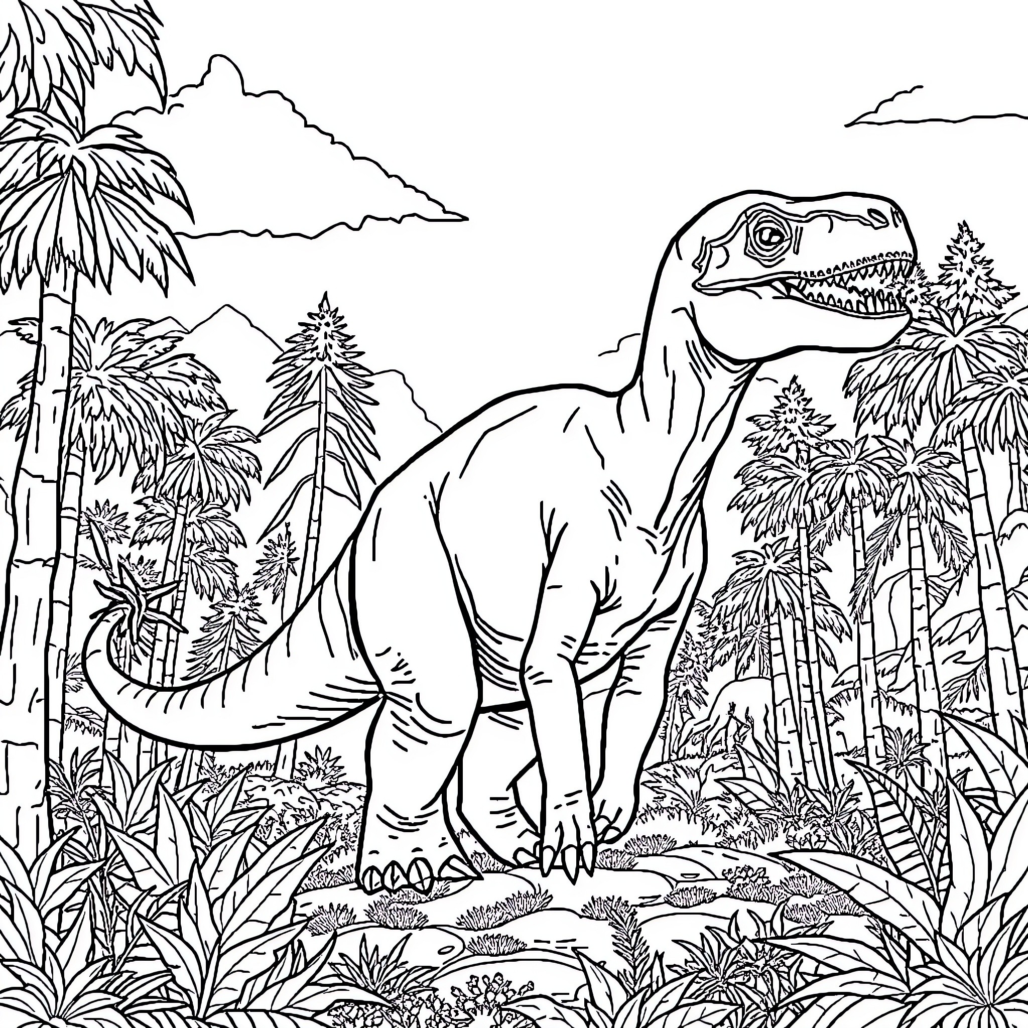 Dinosaur exploring lush prehistoric landscape Coloring Page (free black-and-white line drawing printable PDF for all, from beginners to advanced learners, including children, teens, adults, and seniors)