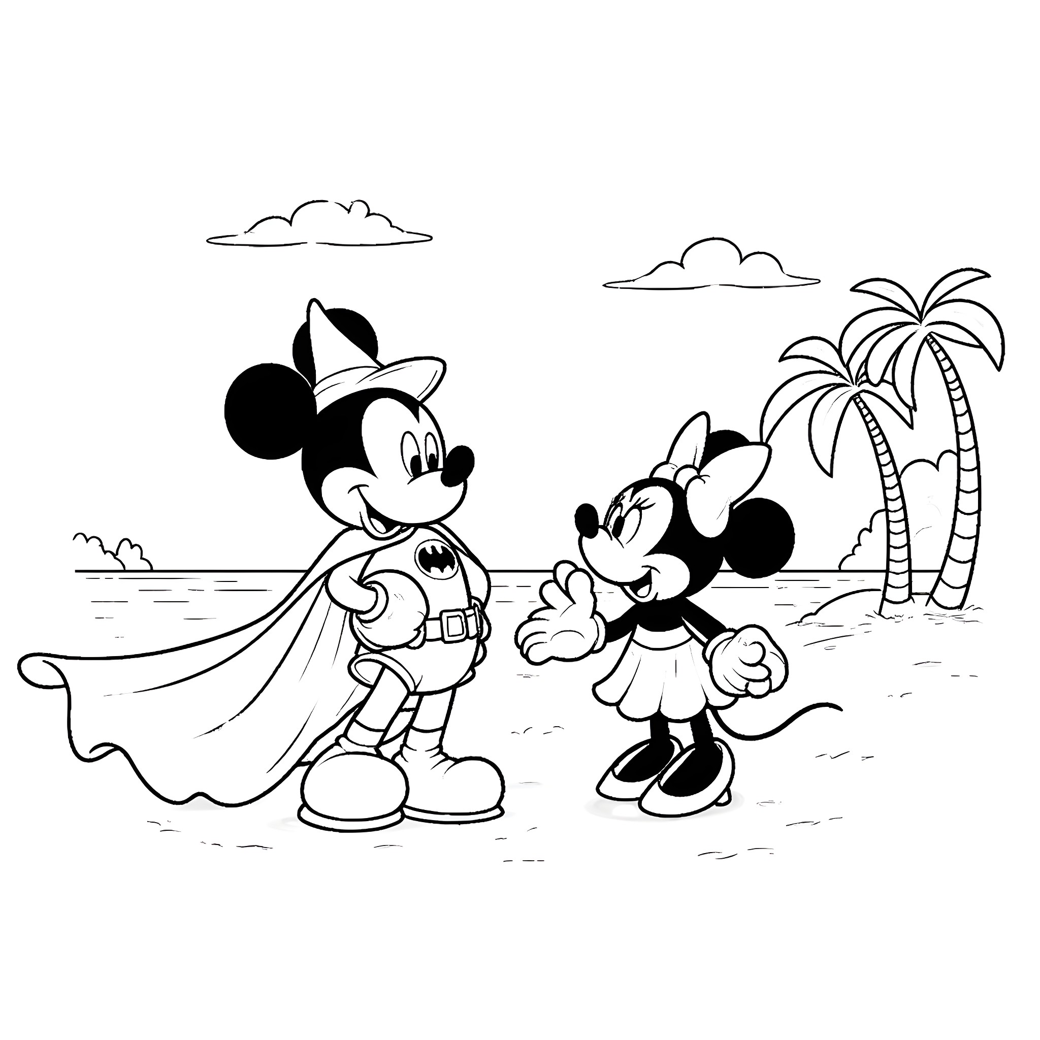Mickey Mouse and Minnie Mouse on a tropical beach Coloring Page (free black-and-white line drawing printable PDF for all, from beginners to advanced learners, including children, teens, adults, and seniors)