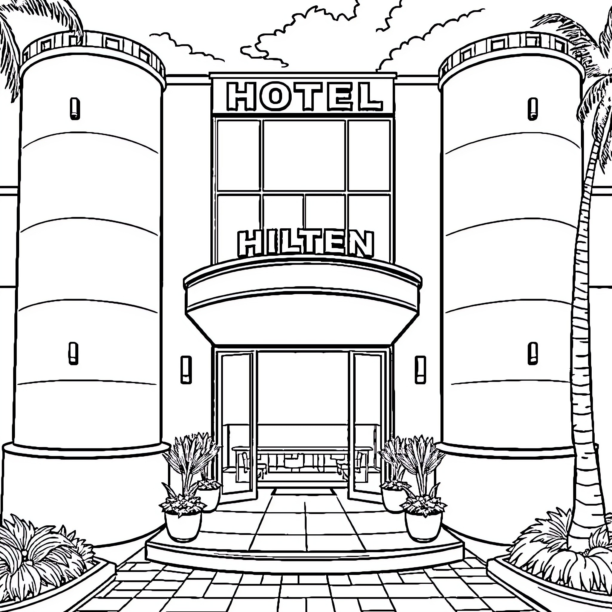 Hotel with ornate architectural entrance Coloring Page (free black-and-white line drawing printable PDF for all, from beginners to advanced learners, including children, teens, adults, and seniors)