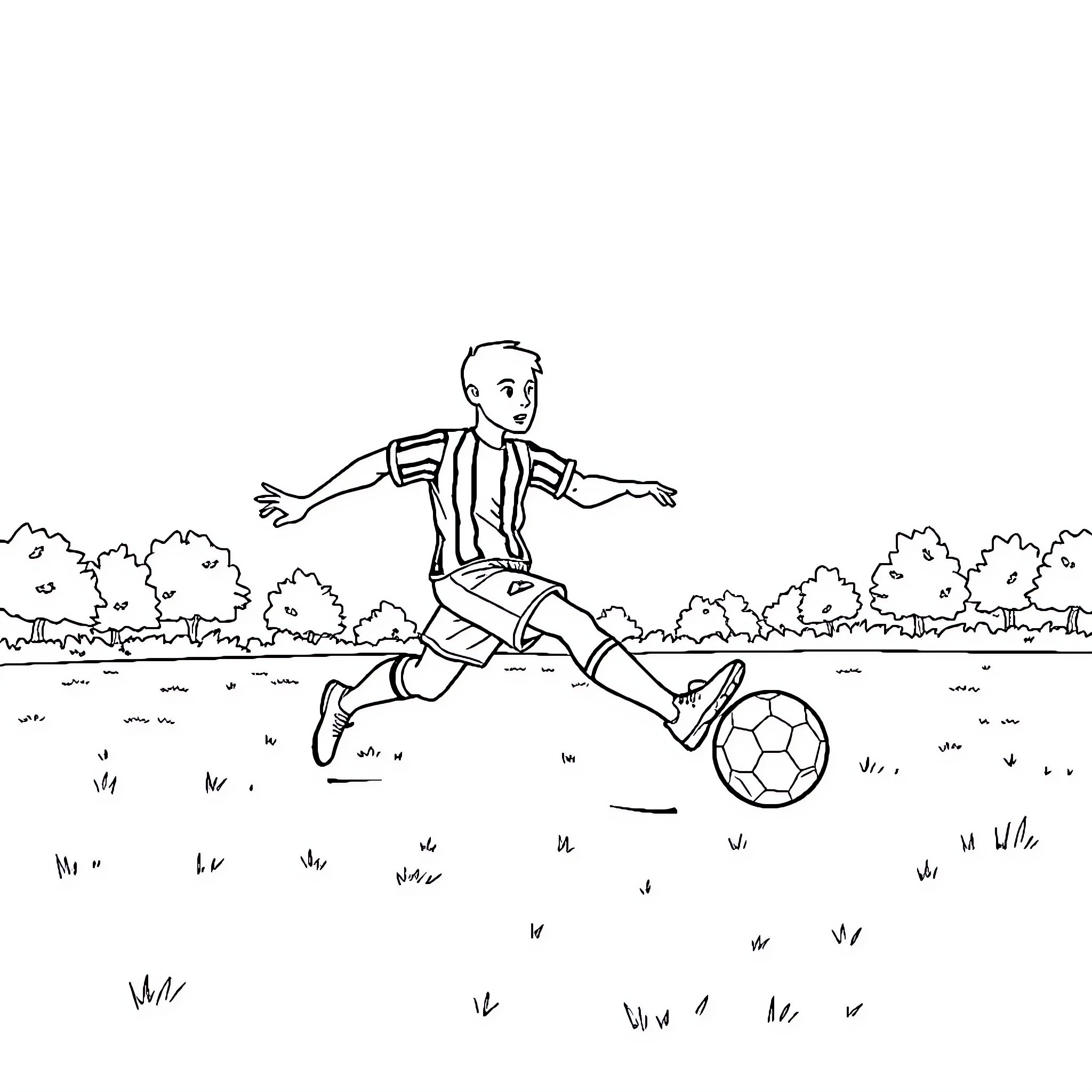 Patrol dribbling soccer ball in park Coloring Page (free black-and-white line drawing printable PDF for all, from beginners to advanced learners, including children, teens, adults, and seniors)