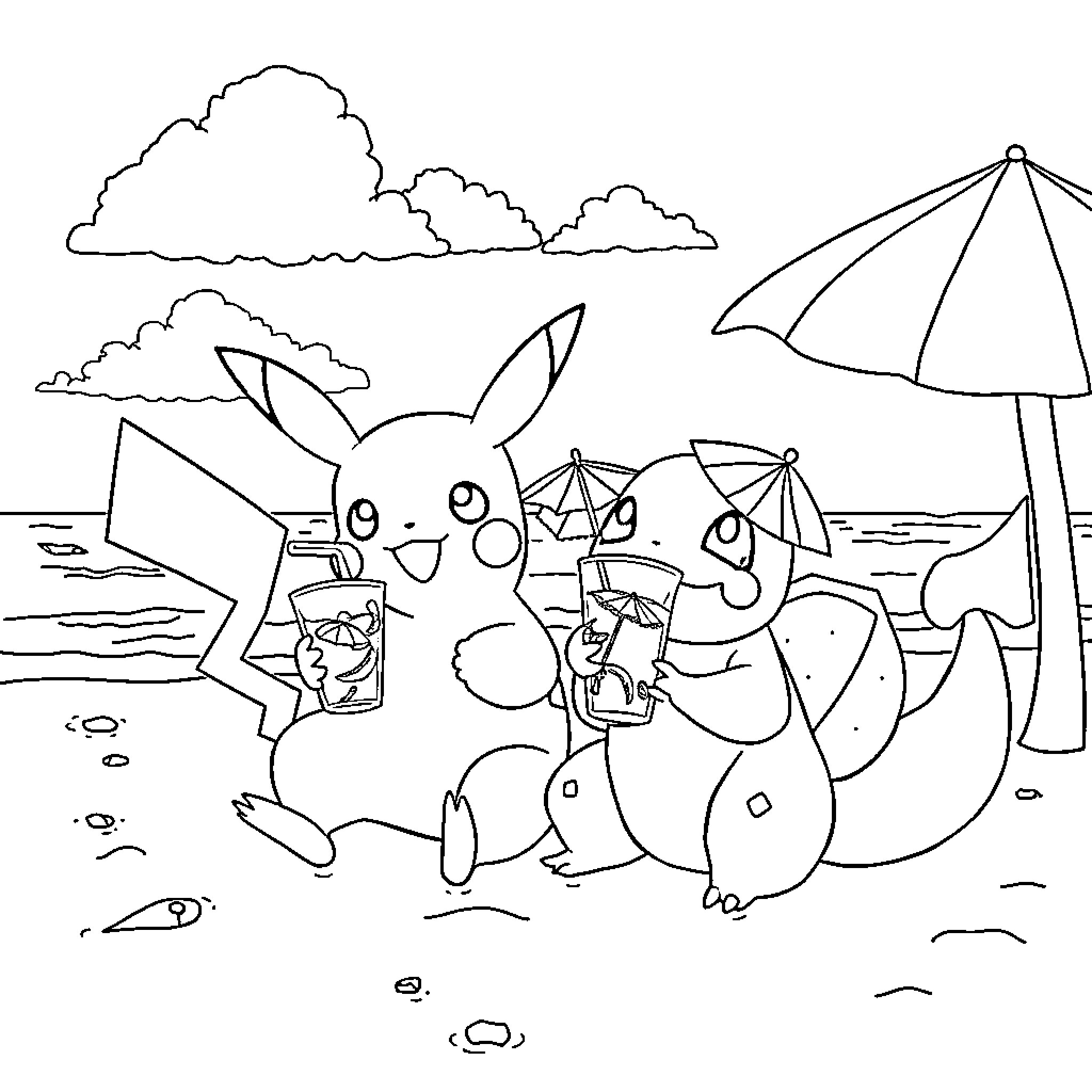 Pikachu enjoying a beach day with friends Coloring Page (free black-and-white line drawing printable PDF for all, from beginners to advanced learners, including children, teens, adults, and seniors)