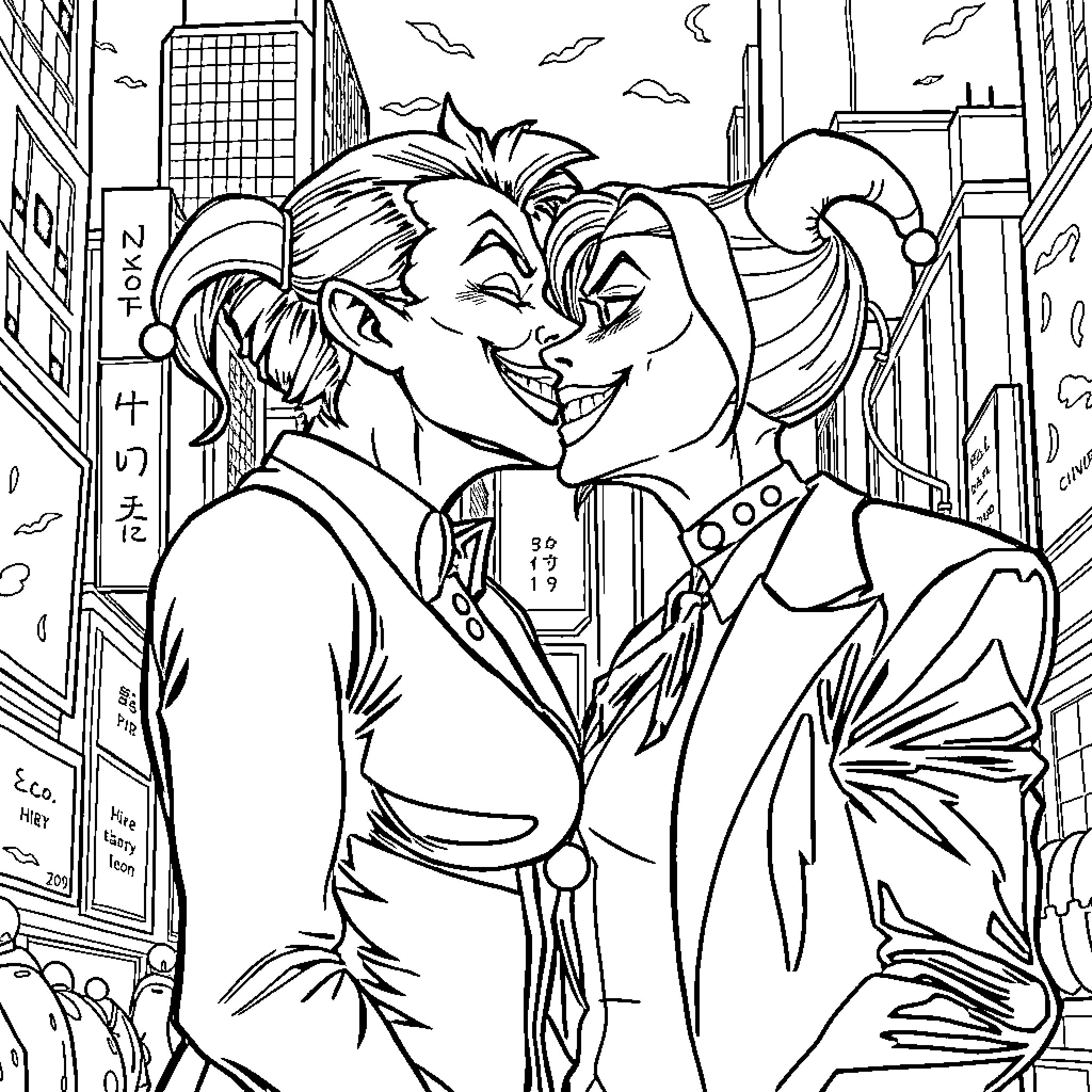 Joker characters embracing in city street Coloring Page (free black-and-white line drawing printable PDF for all, from beginners to advanced learners, including children, teens, adults, and seniors)