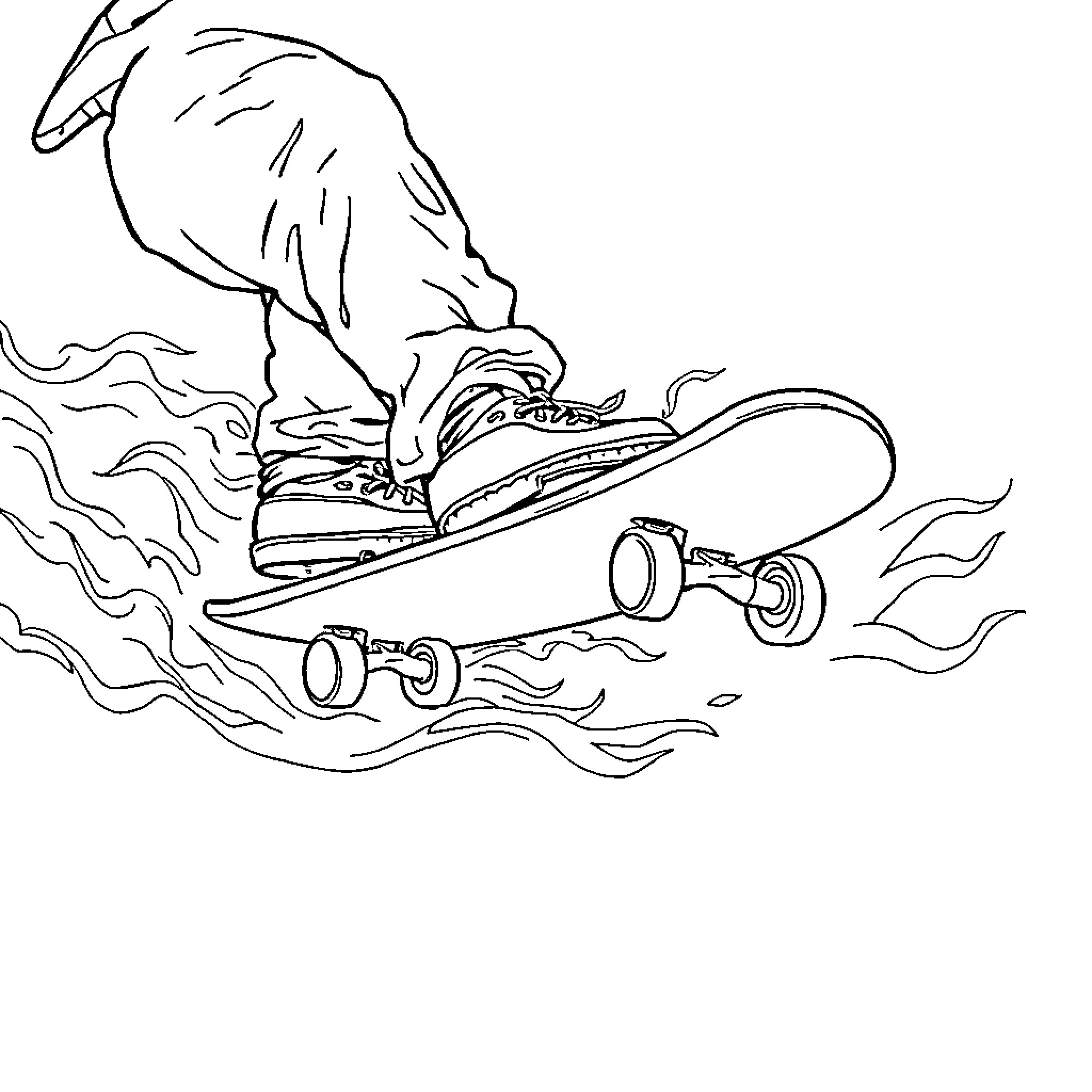 Skate in action with flames Coloring Page (free black-and-white line drawing printable PDF for all, from beginners to advanced learners, including children, teens, adults, and seniors)