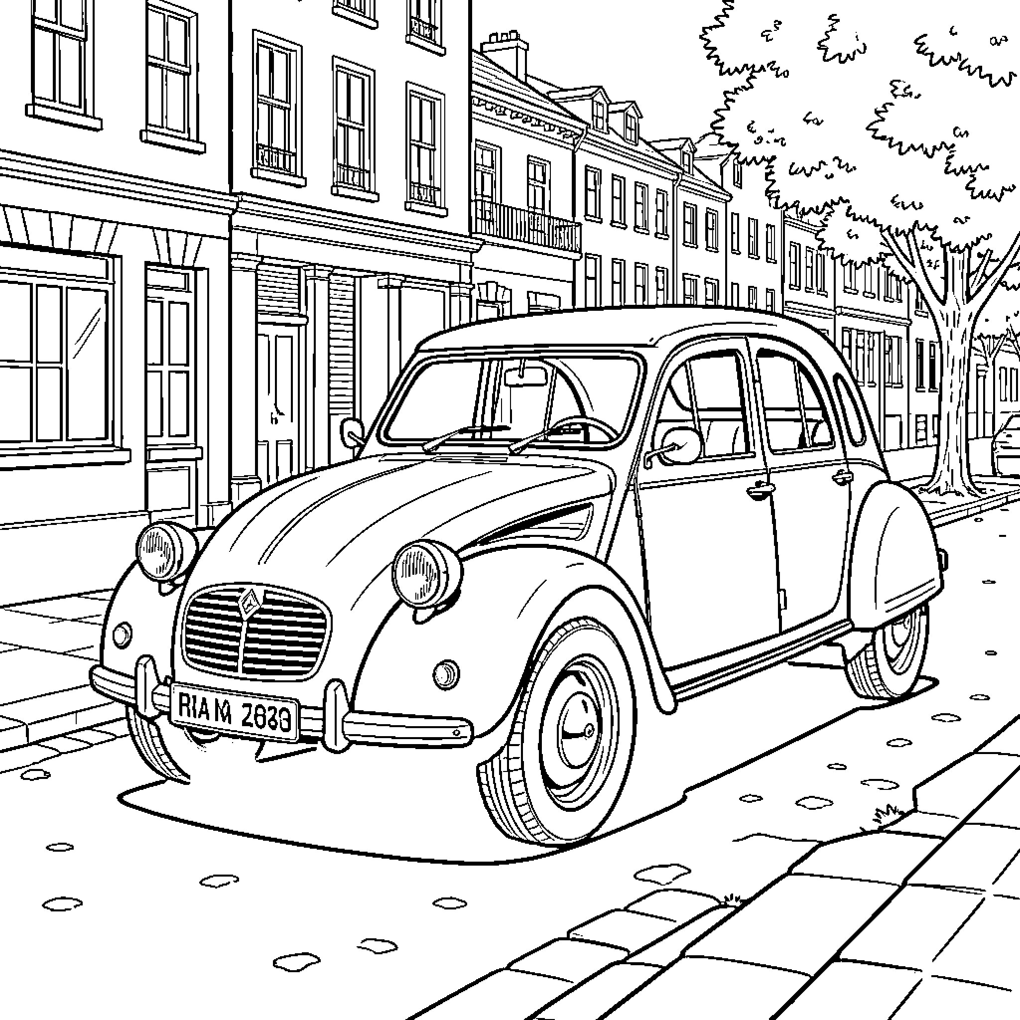 Renault 4cv parked on a quiet city street Coloring Page (free black-and-white line drawing printable PDF for all, from beginners to advanced learners, including children, teens, adults, and seniors)