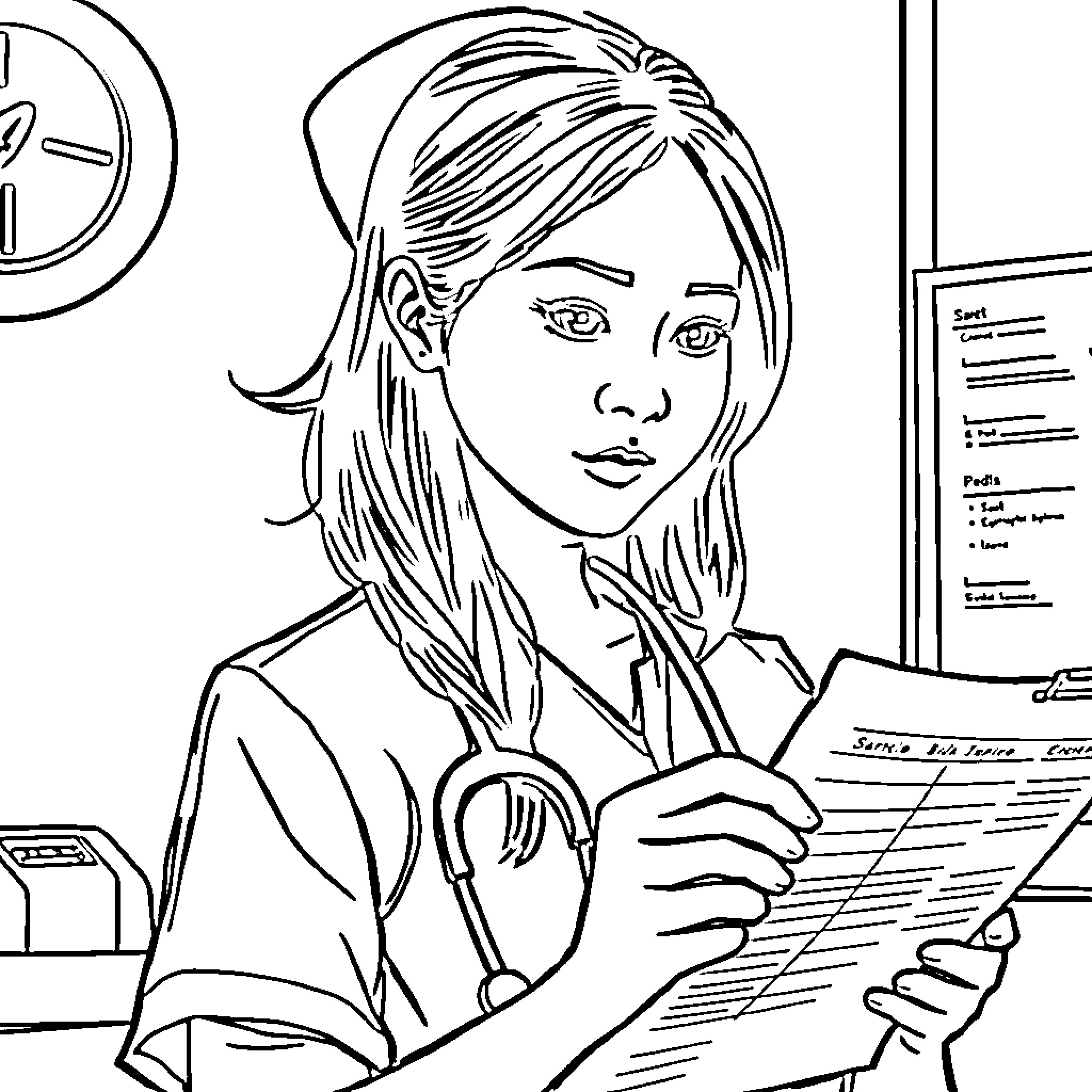 Nurse reviewing patient records with serious expression Coloring Page (free black-and-white line drawing printable PDF for all, from beginners to advanced learners, including children, teens, adults, and seniors)