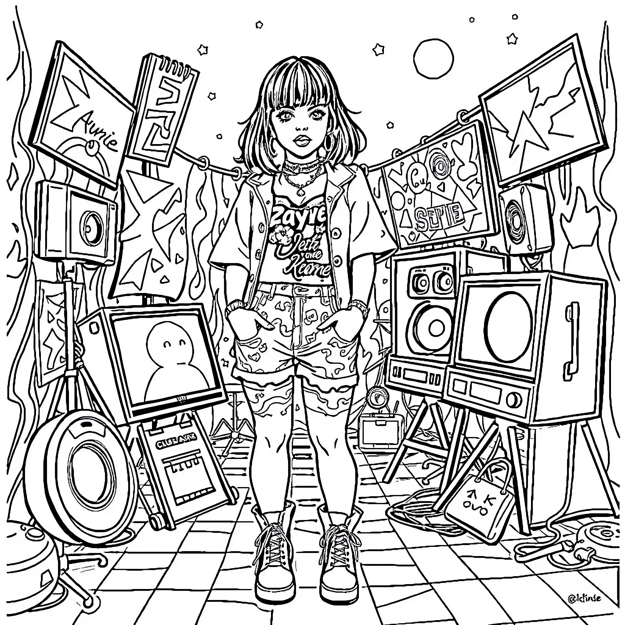 Melanie Martinez in a whimsical and vibrant artistic scene Coloring Page (free black-and-white line drawing printable PDF for all, from beginners to advanced learners, including children, teens, adults, and seniors)