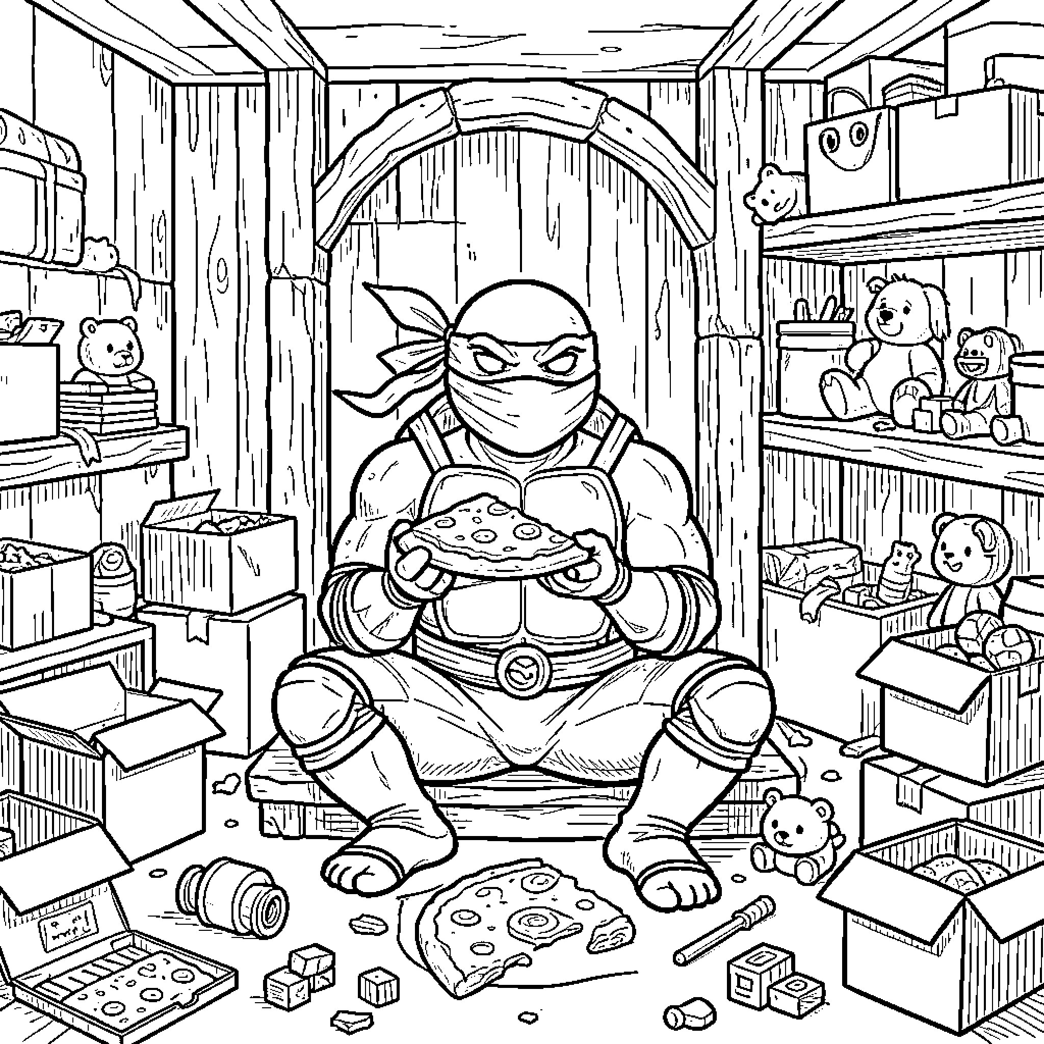 Tortuga Ninja sitting and eating a slice of pizza Coloring Page (free black-and-white line drawing printable PDF for all, from beginners to advanced learners, including children, teens, adults, and seniors)