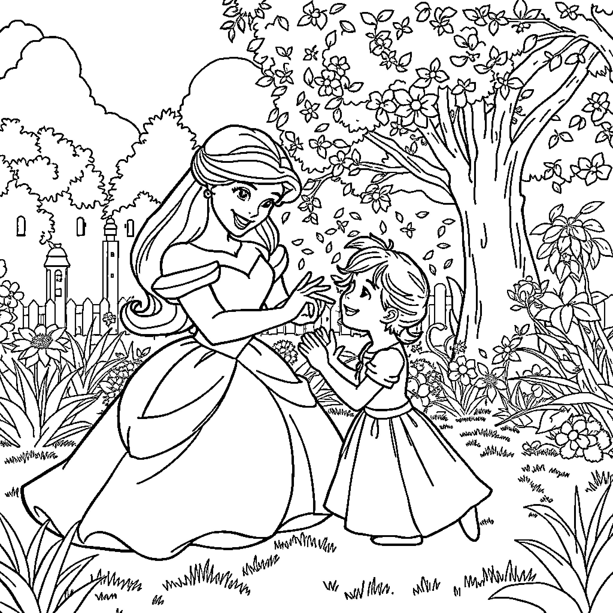 Princess and Child Embrace in Floral Garden Coloring Page (free black-and-white line drawing printable PDF for all, from beginners to advanced learners, including children, teens, adults, and seniors)