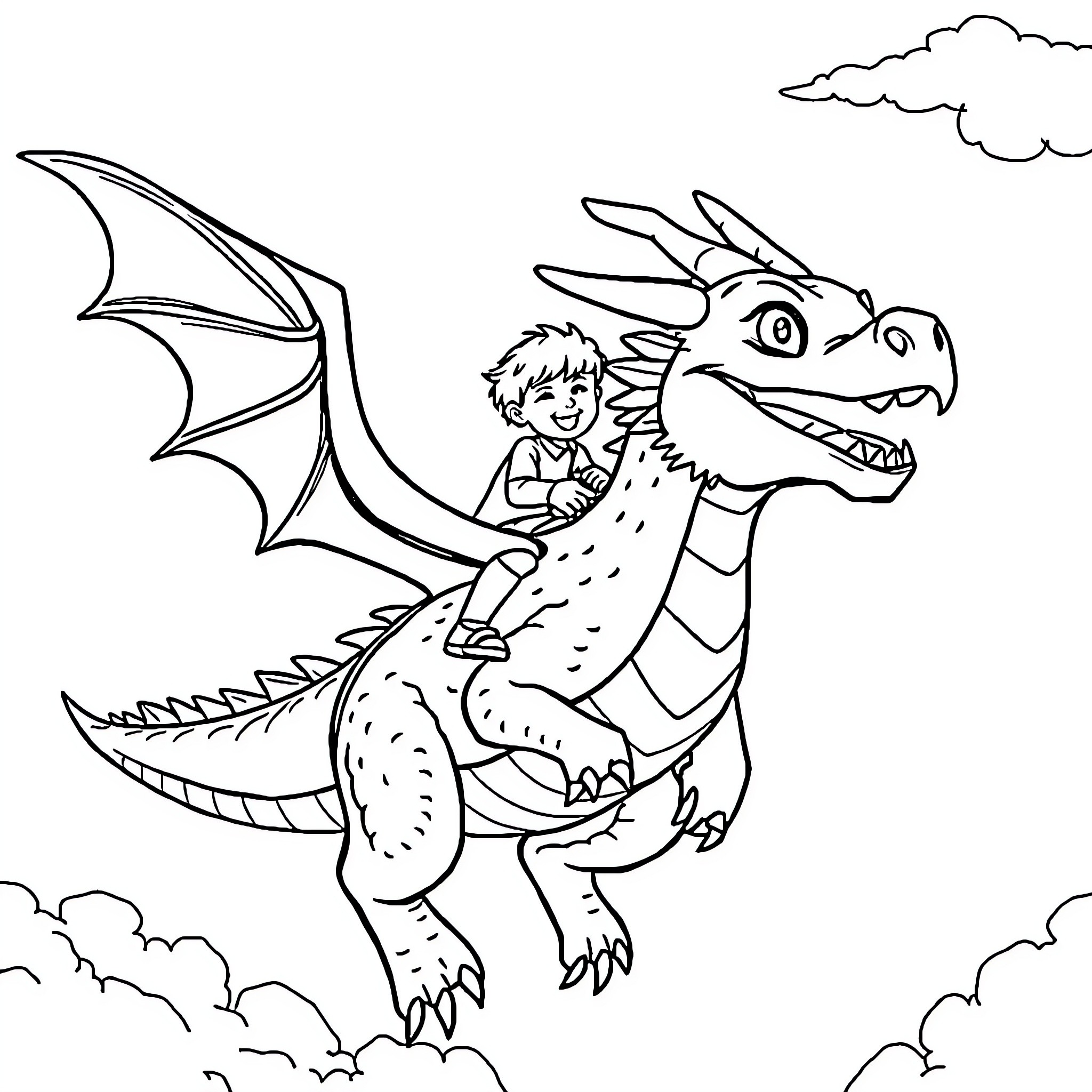 Dragon riding with a child in the sky Coloring Page (free black-and-white line drawing printable PDF for all, from beginners to advanced learners, including children, teens, adults, and seniors)