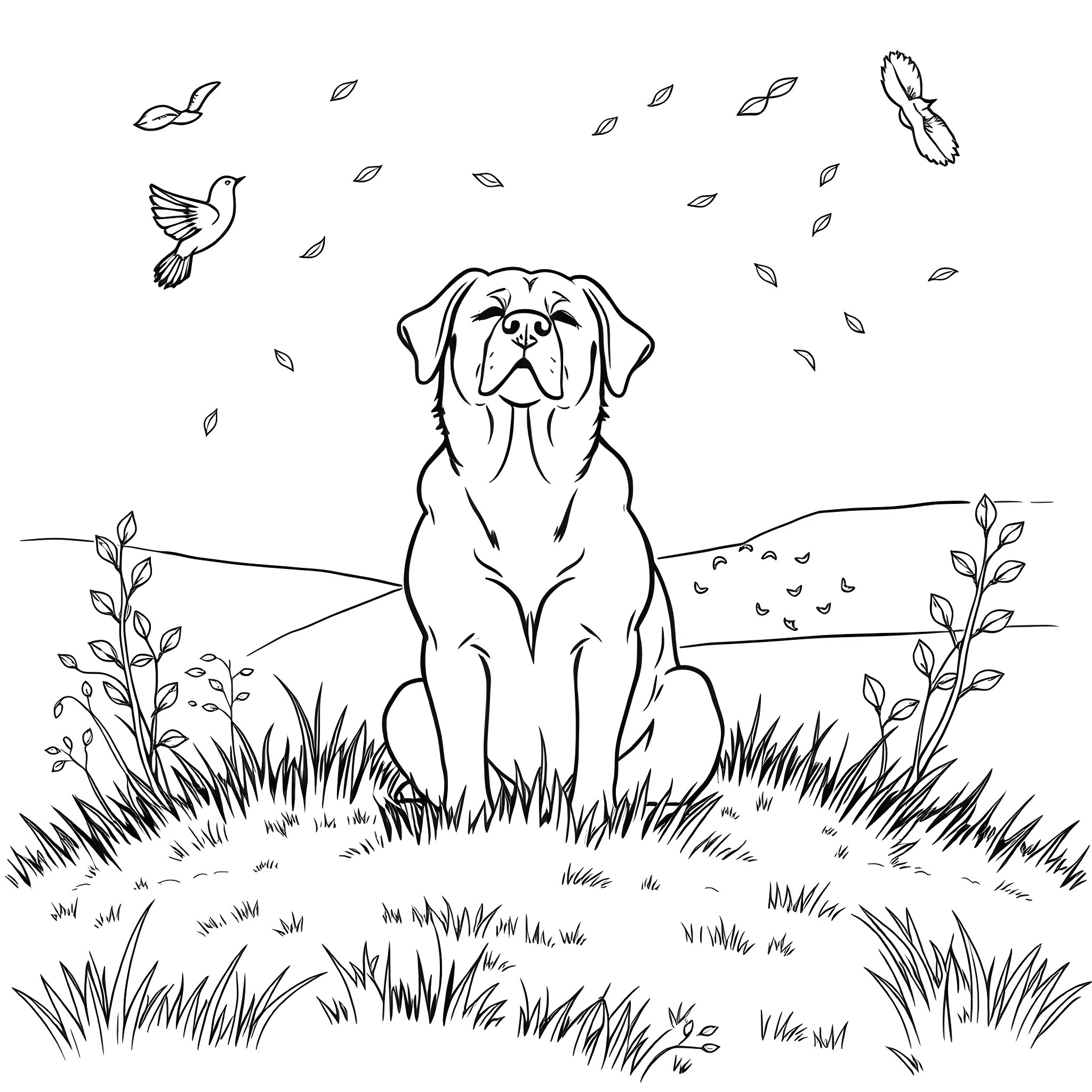Dog sitting calmly in the meadow with birds Coloring Page (free black-and-white line drawing printable PDF for all, from beginners to advanced learners, including children, teens, adults, and seniors)