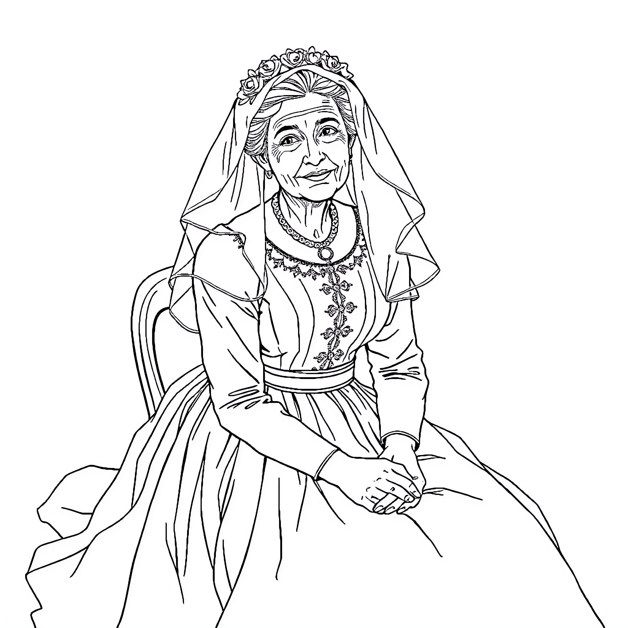 Bride in traditional ceremonial attire Coloring Page (free black-and-white line drawing printable PDF for all, from beginners to advanced learners, including children, teens, adults, and seniors)