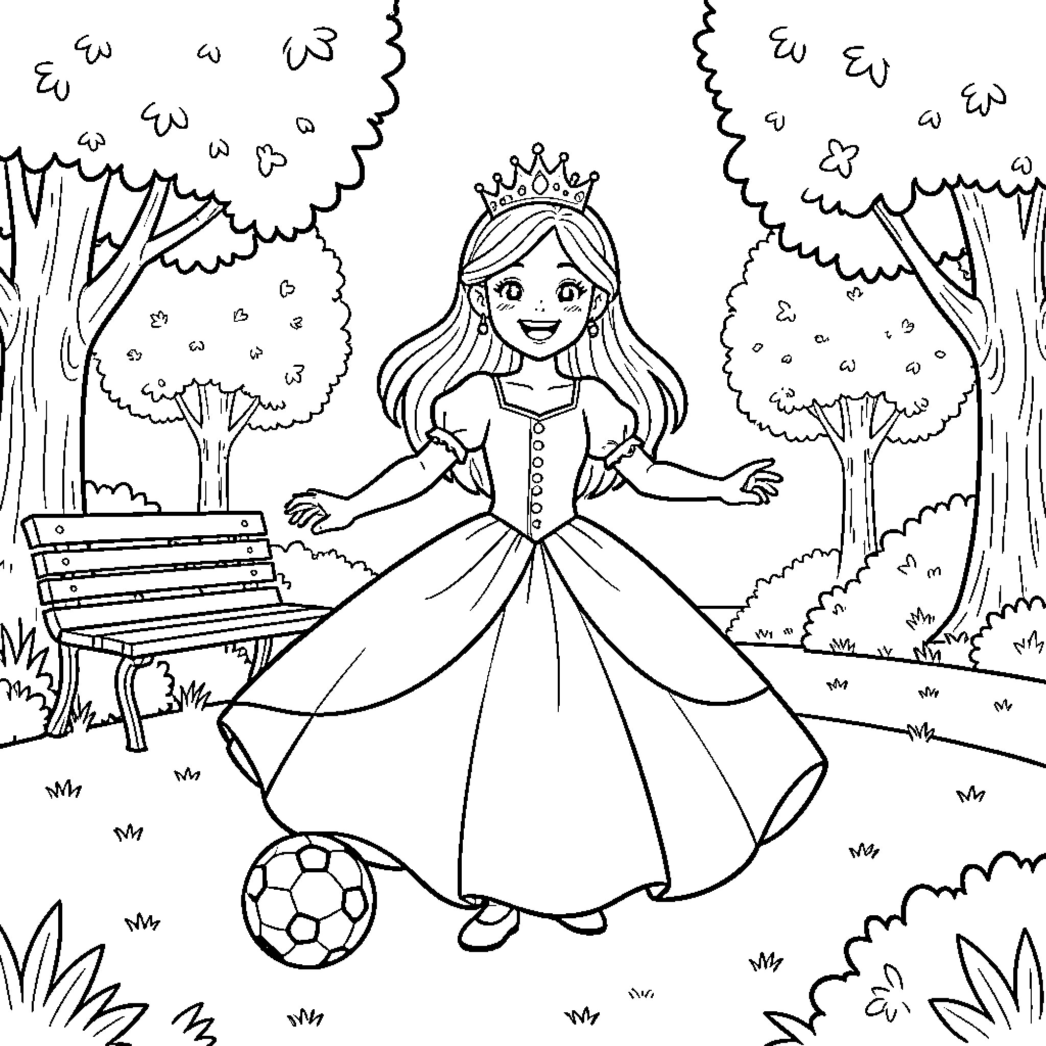 Princess smiling and playing with a soccer ball Coloring Page (free black-and-white line drawing printable PDF for all, from beginners to advanced learners, including children, teens, adults, and seniors)