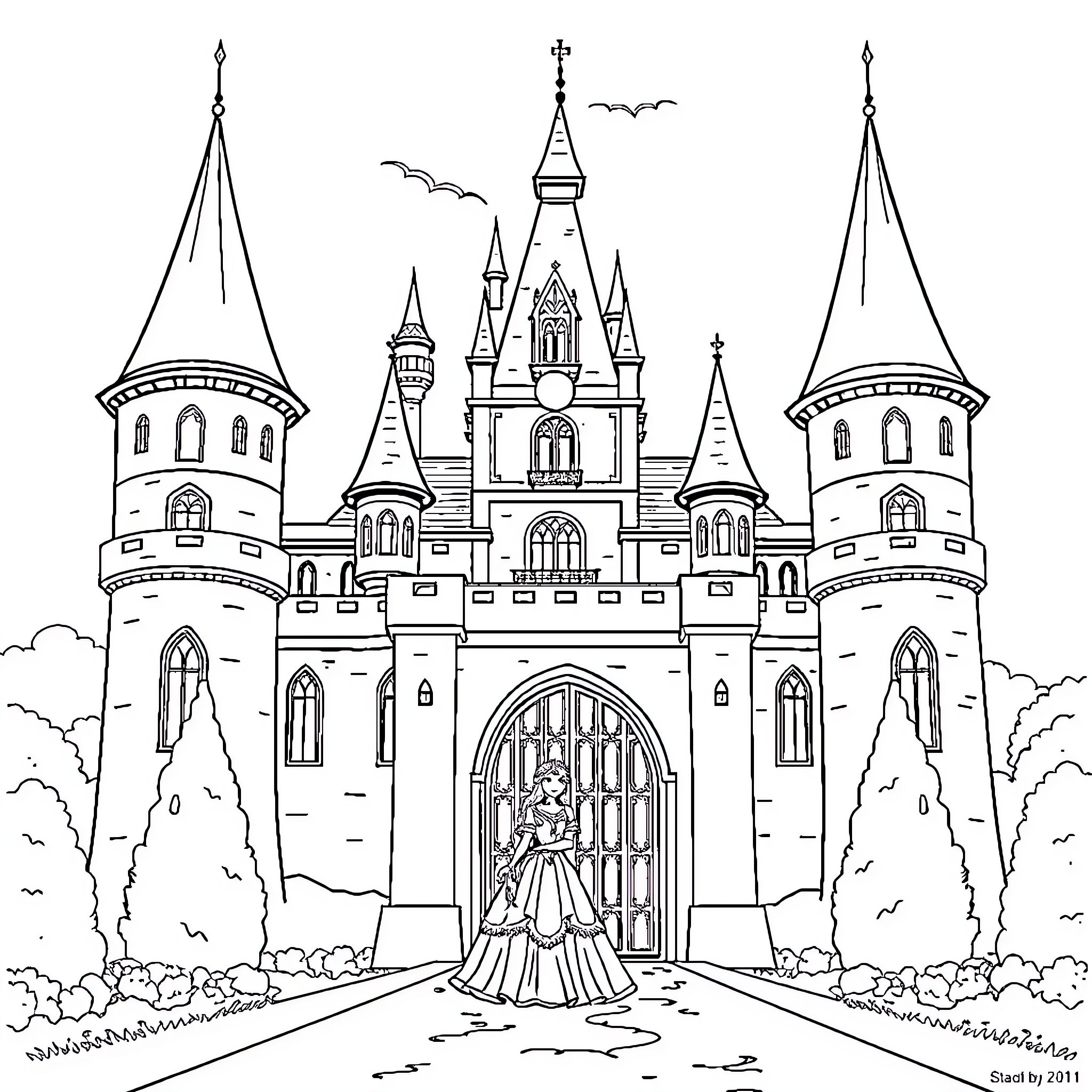 Princess in a grand castle with towering spires Coloring Page (free black-and-white line drawing printable PDF for all, from beginners to advanced learners, including children, teens, adults, and seniors)