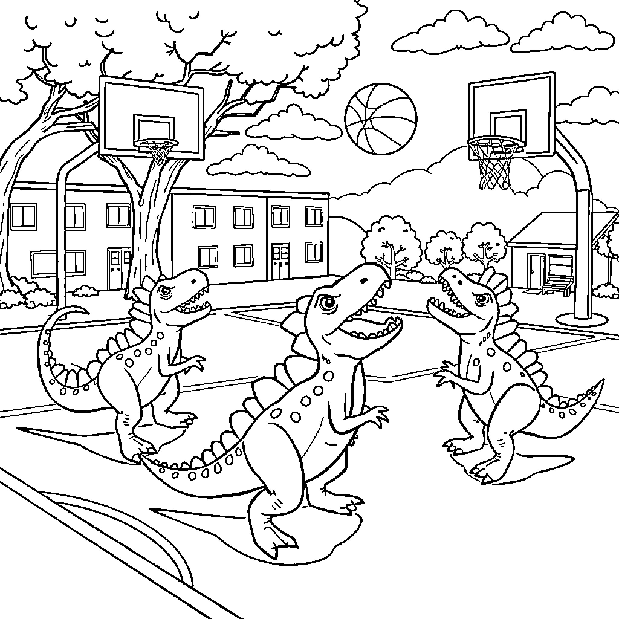 Dinosaurs playing basketball on a school court Coloring Page (free black-and-white line drawing printable PDF for all, from beginners to advanced learners, including children, teens, adults, and seniors)