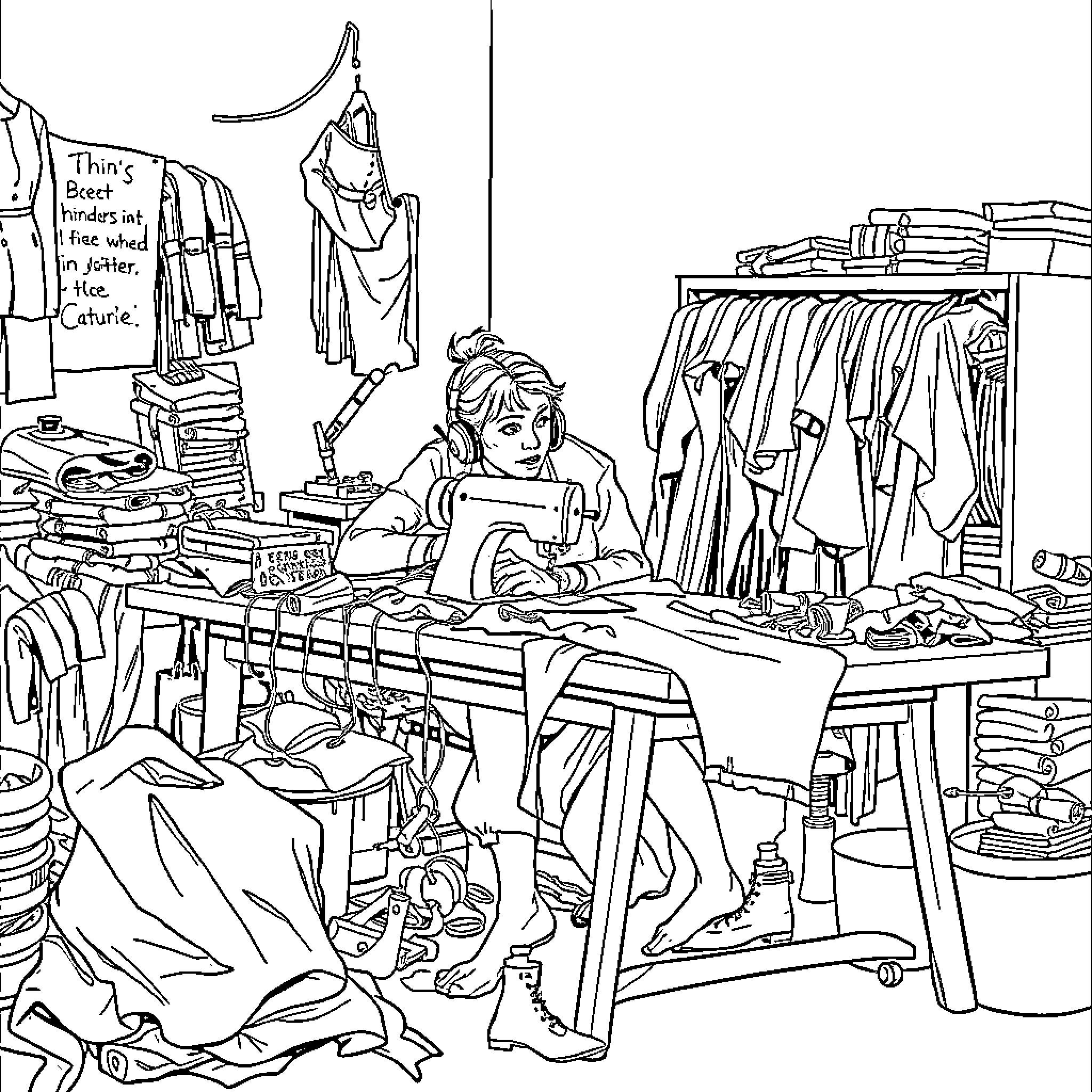 Costume Builder Crafting Intricate Outfits in Cluttered Studio Coloring Page (free black-and-white line drawing printable PDF for all, from beginners to advanced learners, including children, teens, adults, and seniors)