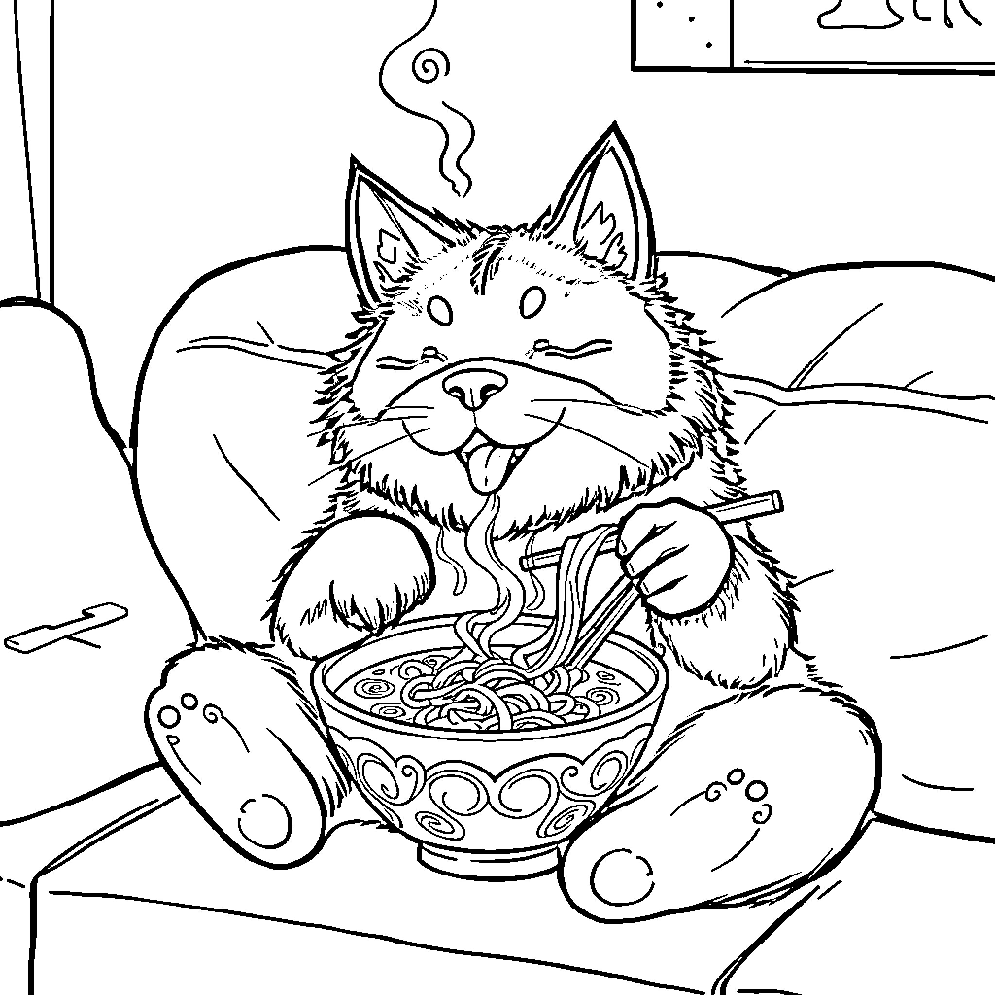 Rumi enjoys a hearty meal Coloring Page (free black-and-white line drawing printable PDF for all, from beginners to advanced learners, including children, teens, adults, and seniors)