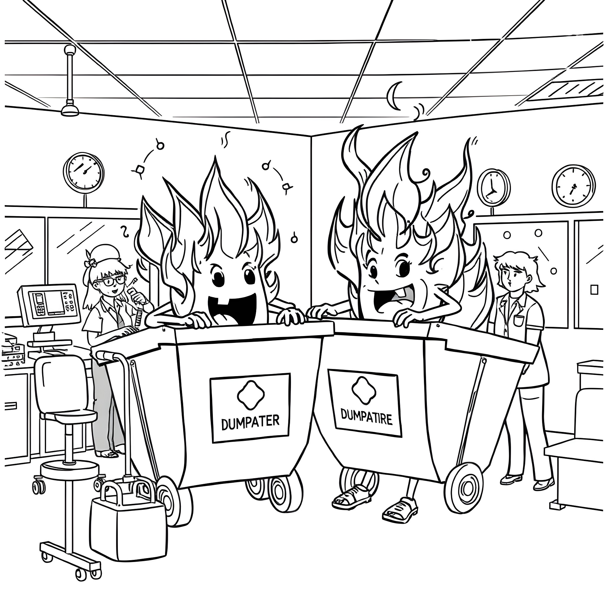 Dumpster Fire of Chaotic Activity in the Workplace Coloring Page (free black-and-white line drawing printable PDF for all, from beginners to advanced learners, including children, teens, adults, and seniors)