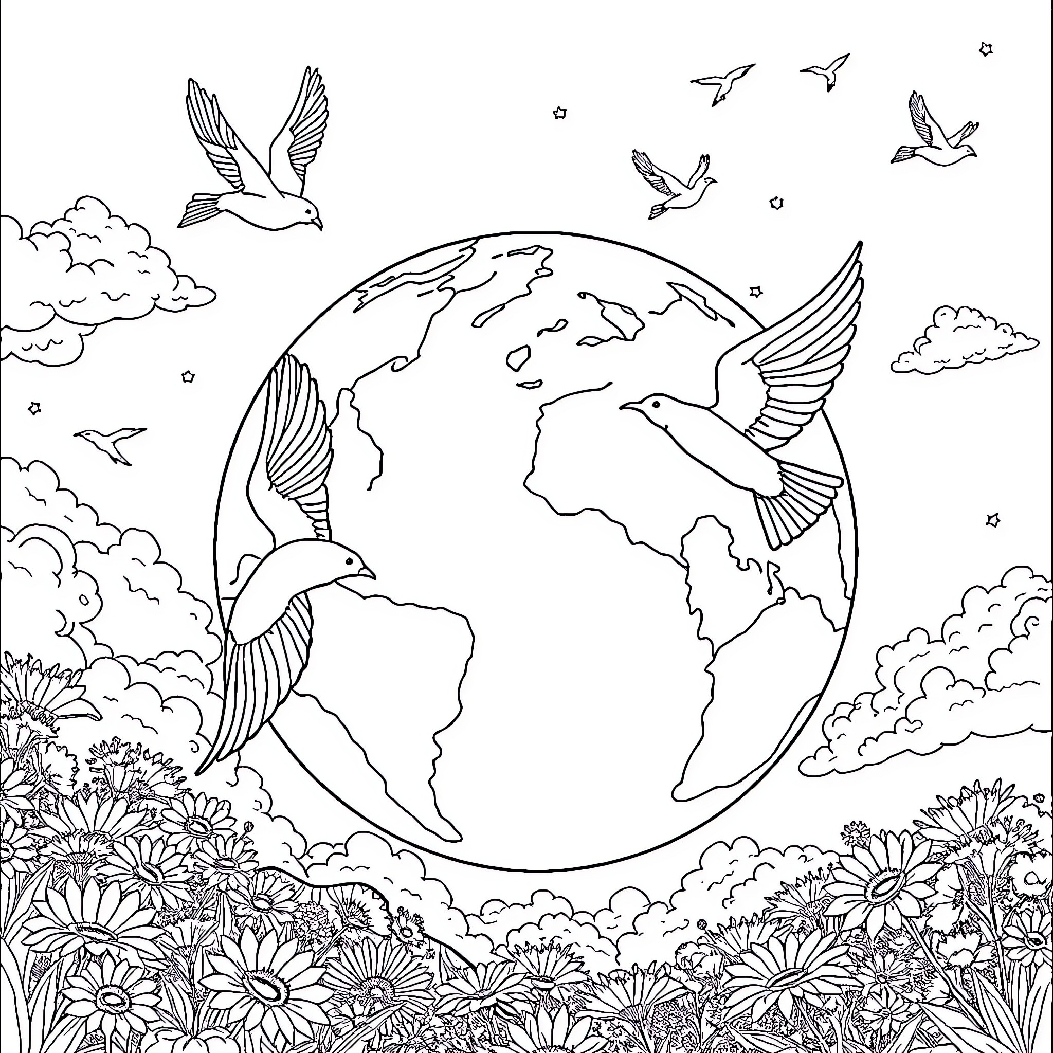Earth's Beauty Celebrated with Flying Doves Coloring Page (free black-and-white line drawing printable PDF for all, from beginners to advanced learners, including children, teens, adults, and seniors)