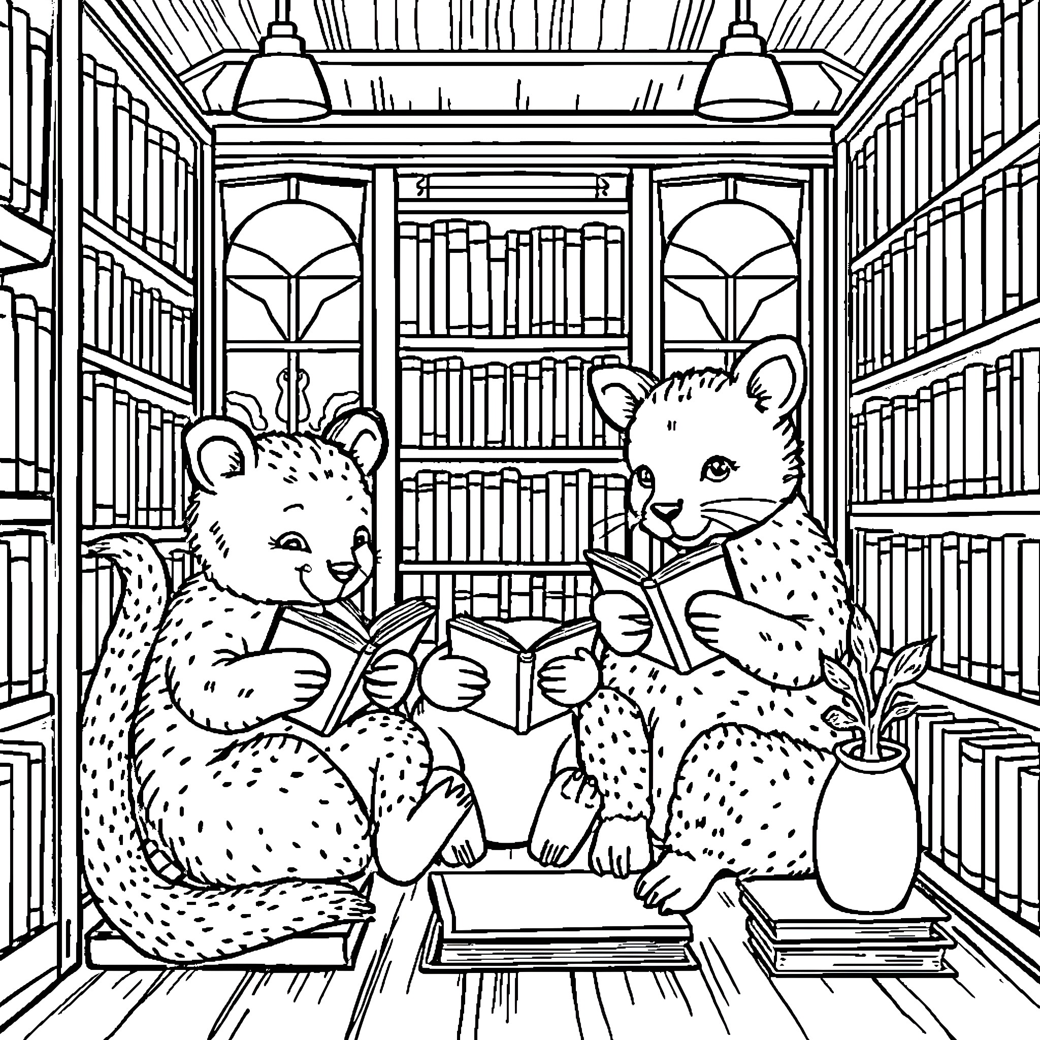 Animal reading books in the library Coloring Page (free black-and-white line drawing printable PDF for all, from beginners to advanced learners, including children, teens, adults, and seniors)