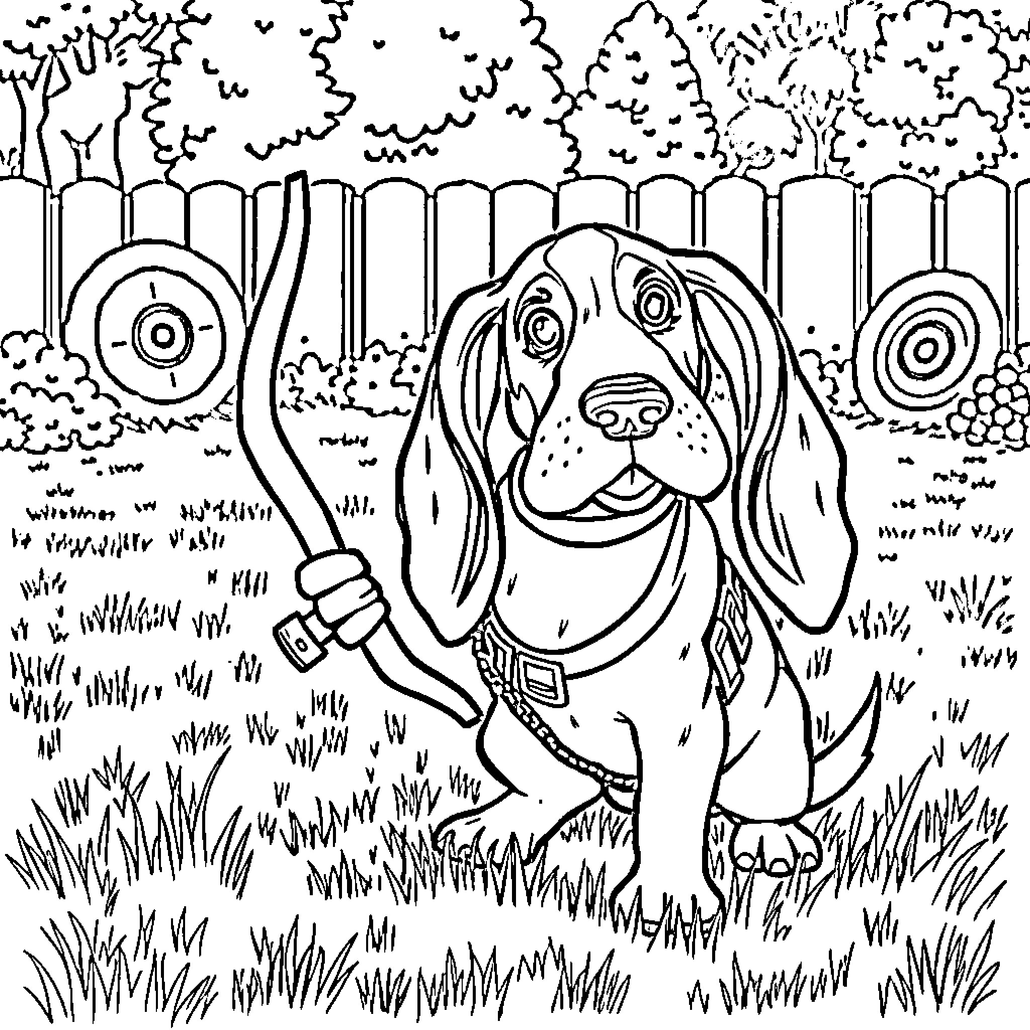 Basset Hound exploring the forest with curiosity Coloring Page (free black-and-white line drawing printable PDF for all, from beginners to advanced learners, including children, teens, adults, and seniors)