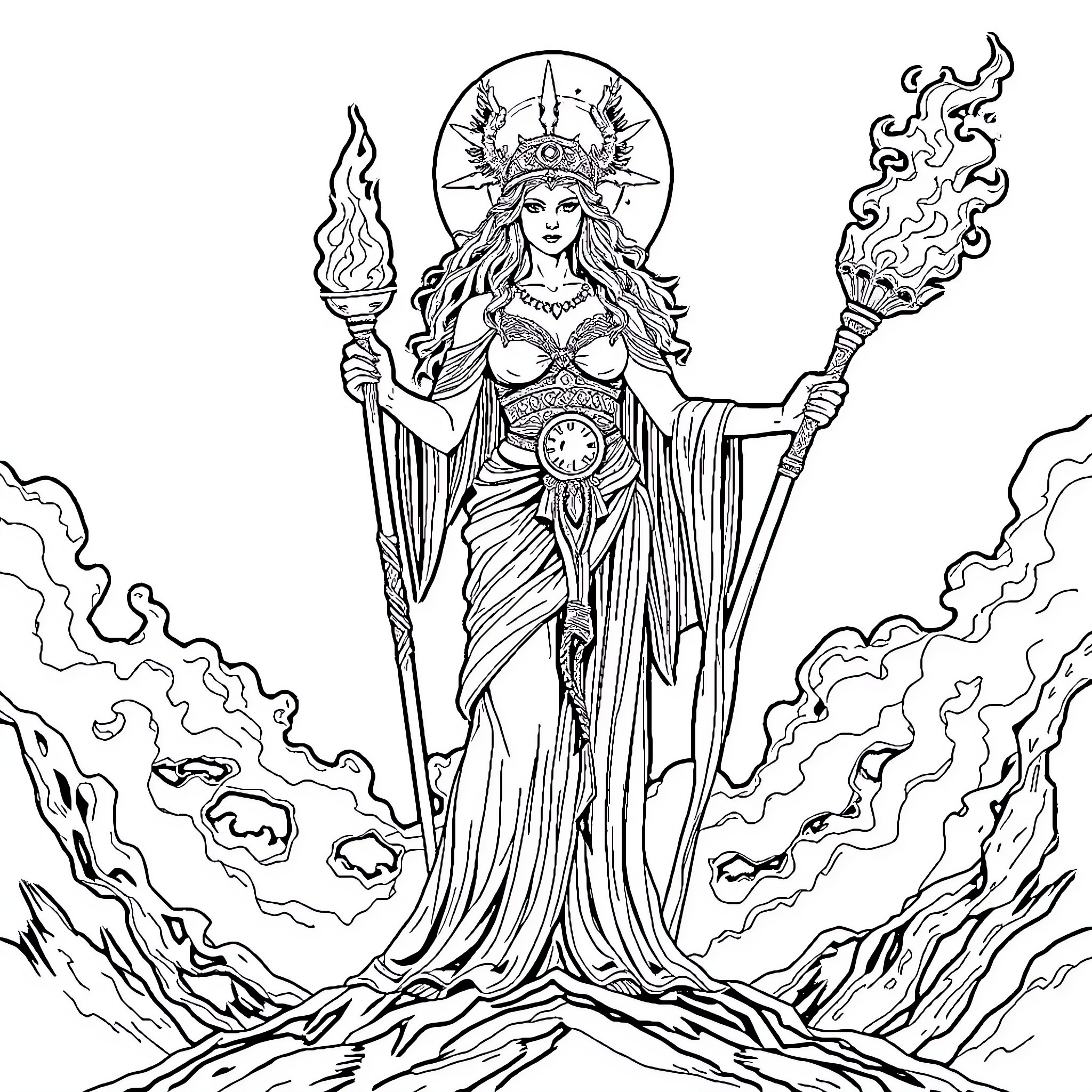 Hecate, the Goddess of Magic and Crossroads Coloring Page (free black-and-white line drawing printable PDF for all, from beginners to advanced learners, including children, teens, adults, and seniors)