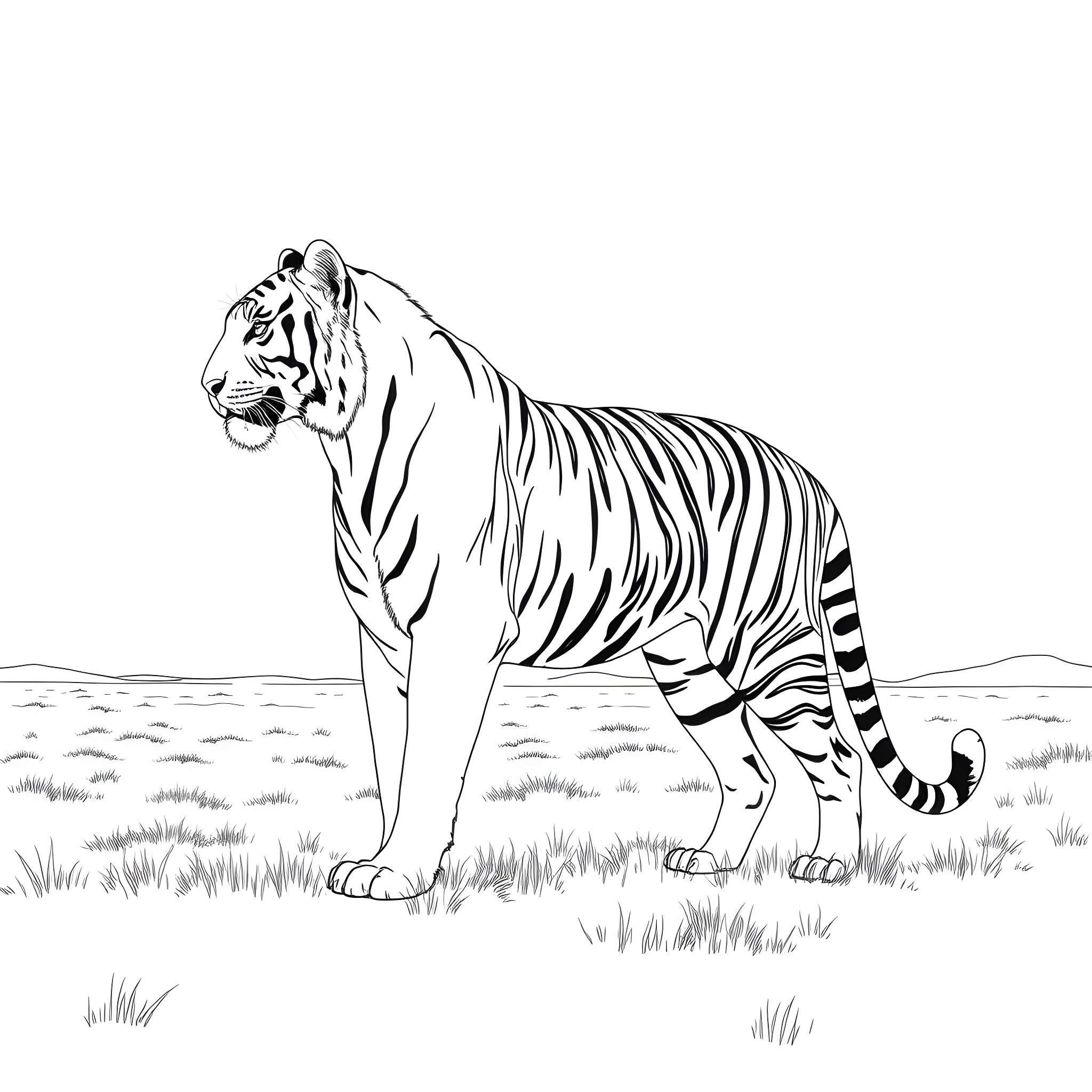 Tiger standing strong in the wild Coloring Page (free black-and-white line drawing printable PDF for all, from beginners to advanced learners, including children, teens, adults, and seniors)