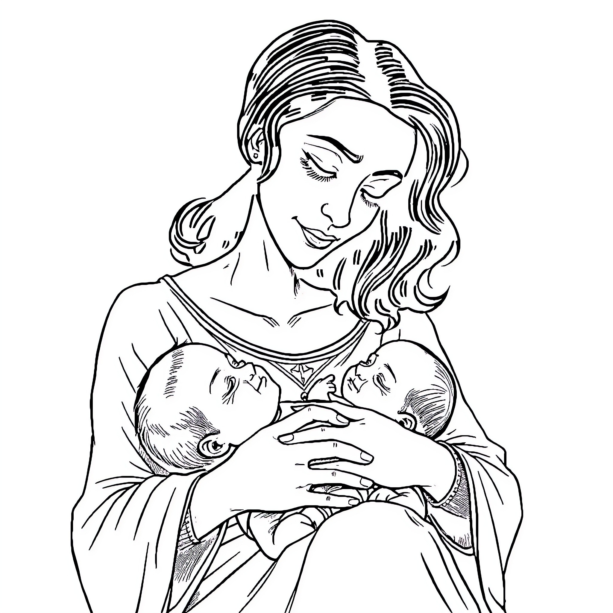 Woman tenderly holding and comforting her baby Coloring Page (free black-and-white line drawing printable PDF for all, from beginners to advanced learners, including children, teens, adults, and seniors)