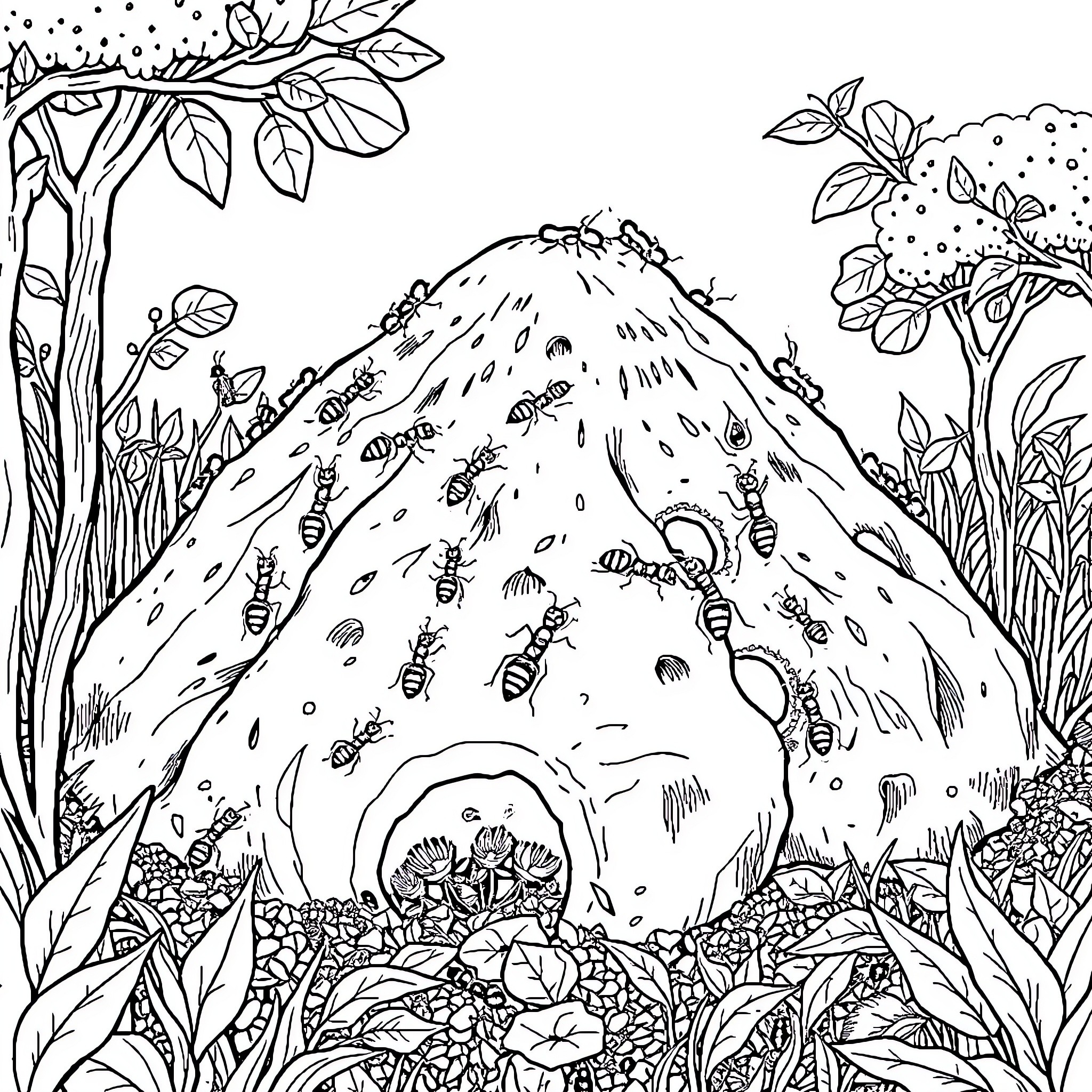Ant colony in the forest landscape Coloring Page (free black-and-white line drawing printable PDF for all, from beginners to advanced learners, including children, teens, adults, and seniors)