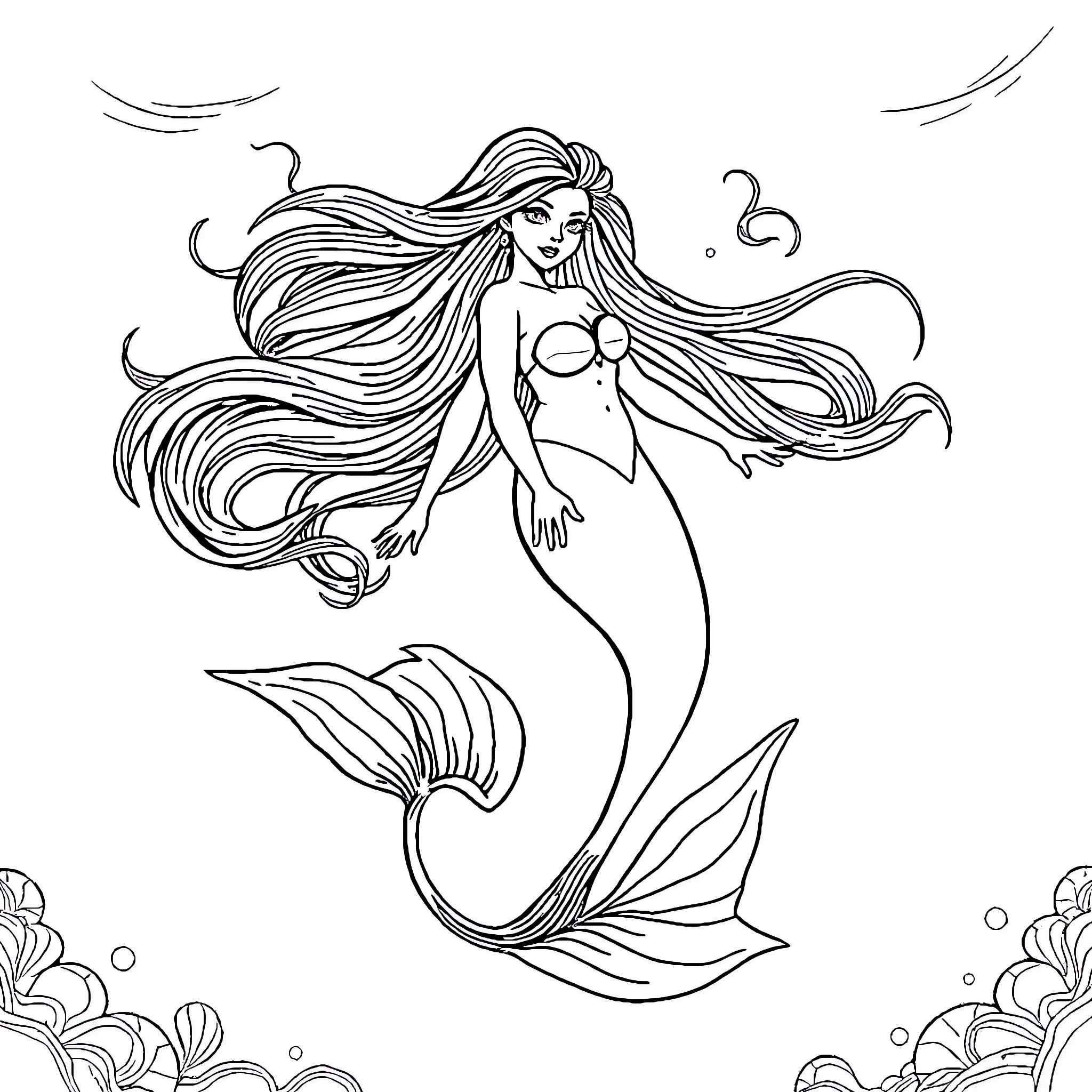 Mermaid swimming gracefully in the ocean Coloring Page (free black-and-white line drawing printable PDF for all, from beginners to advanced learners, including children, teens, adults, and seniors)