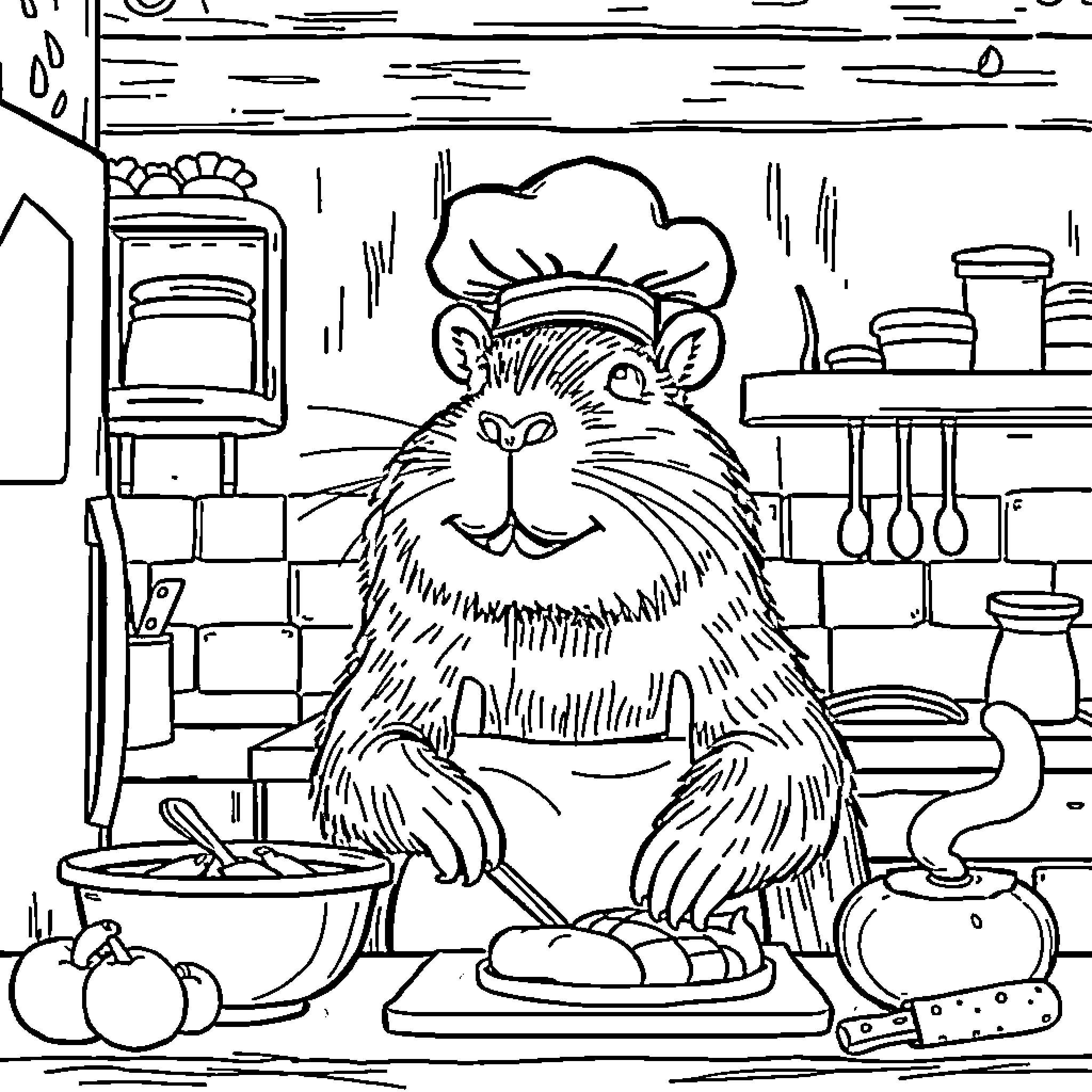 Capybara chef in the kitchen Coloring Page (free black-and-white line drawing printable PDF for all, from beginners to advanced learners, including children, teens, adults, and seniors)