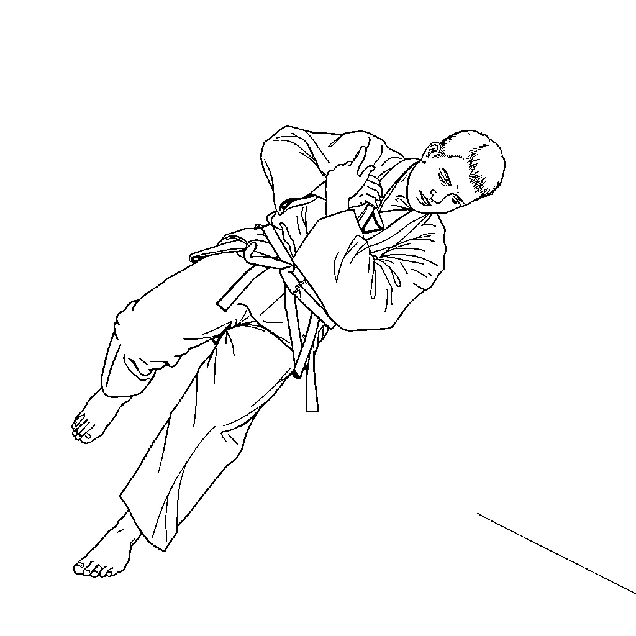 Judo athletes in mid-action grappling pose Coloring Page (free black-and-white line drawing printable PDF for all, from beginners to advanced learners, including children, teens, adults, and seniors)