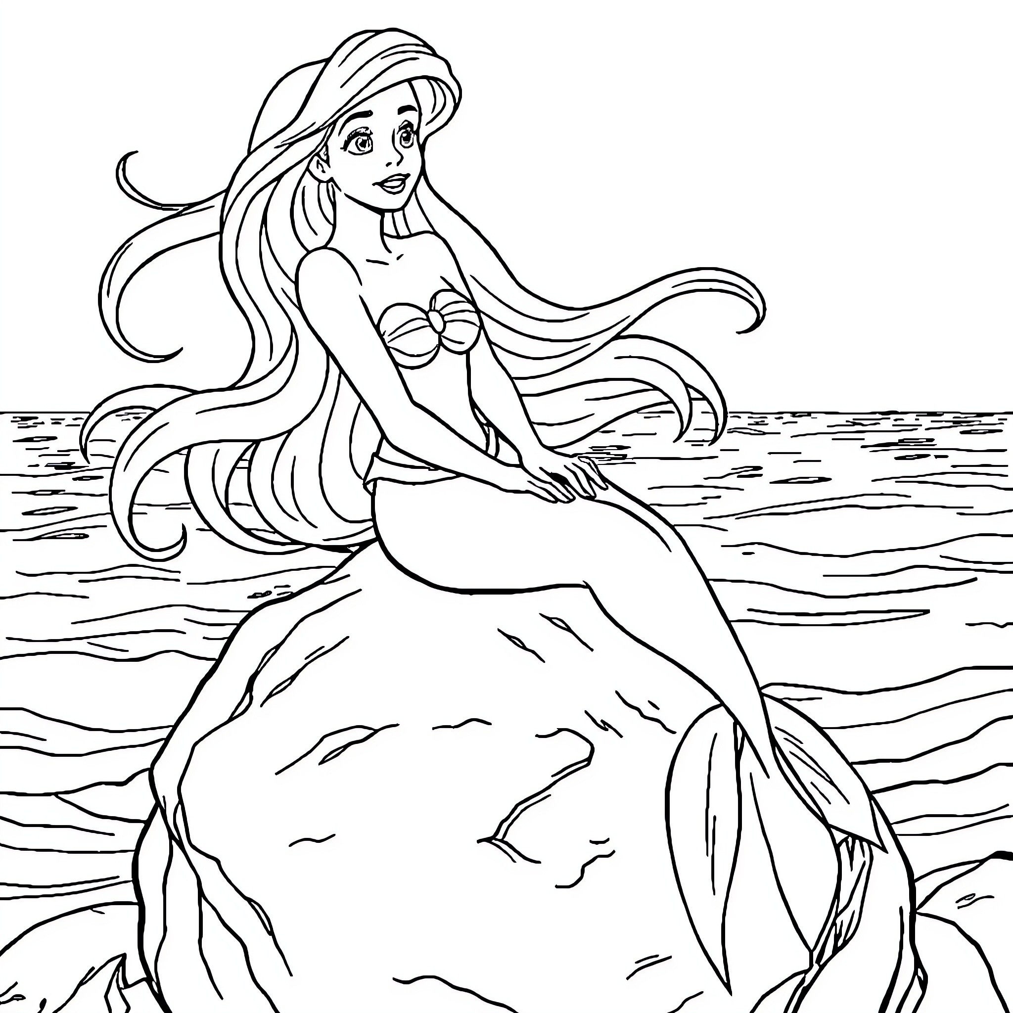 Ariel the Mermaid Enjoying the Sea Coloring Page (free black-and-white line drawing printable PDF for all, from beginners to advanced learners, including children, teens, adults, and seniors)