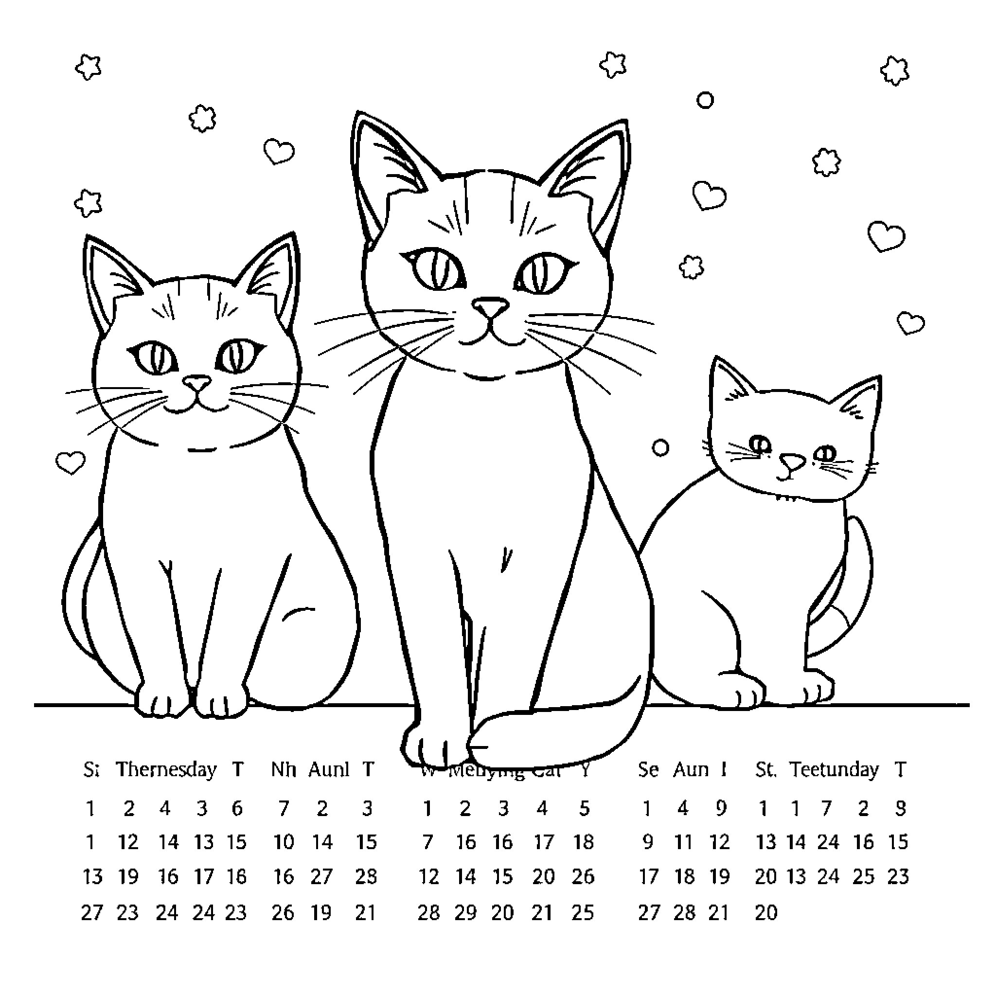 Cats sitting together with hearts Coloring Page (free black-and-white line drawing printable PDF for all, from beginners to advanced learners, including children, teens, adults, and seniors)