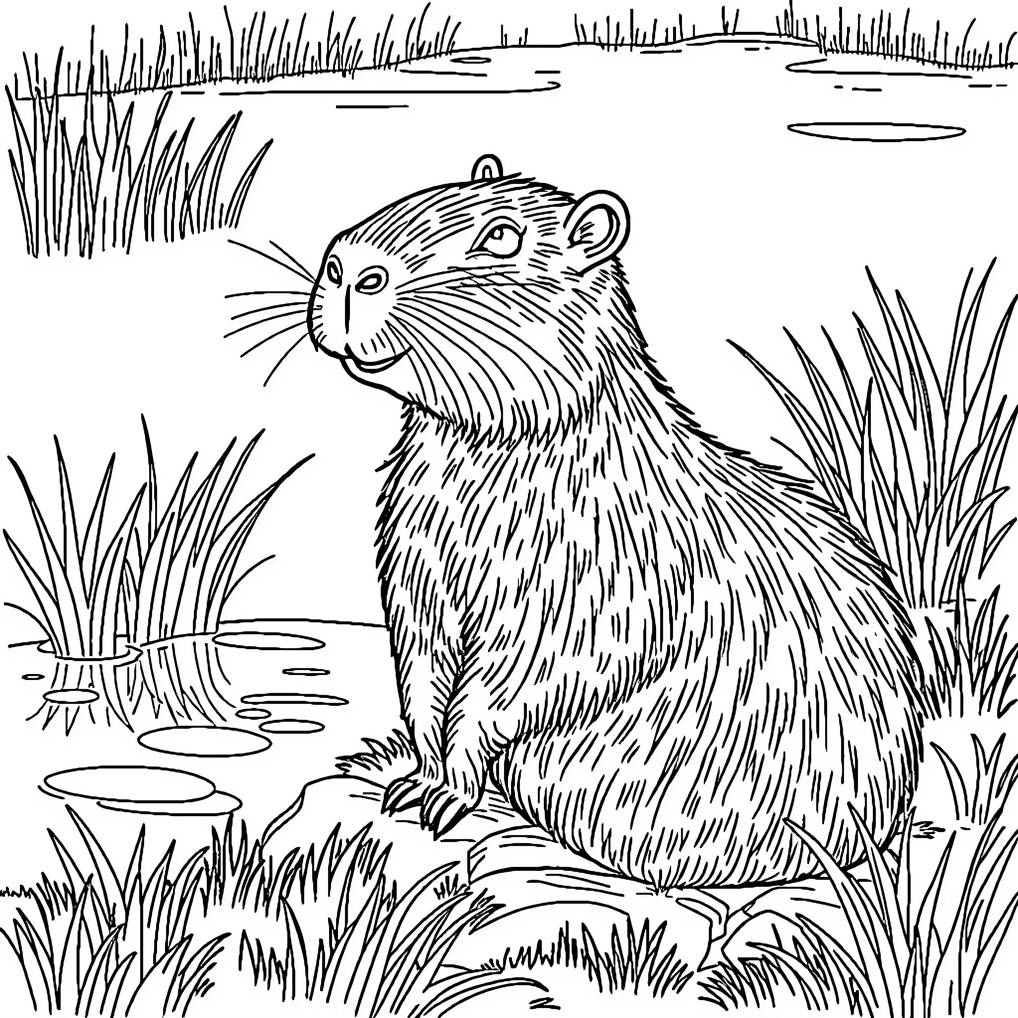 Capybara in peaceful nature scene Coloring Page (free black-and-white line drawing printable PDF for all, from beginners to advanced learners, including children, teens, adults, and seniors)