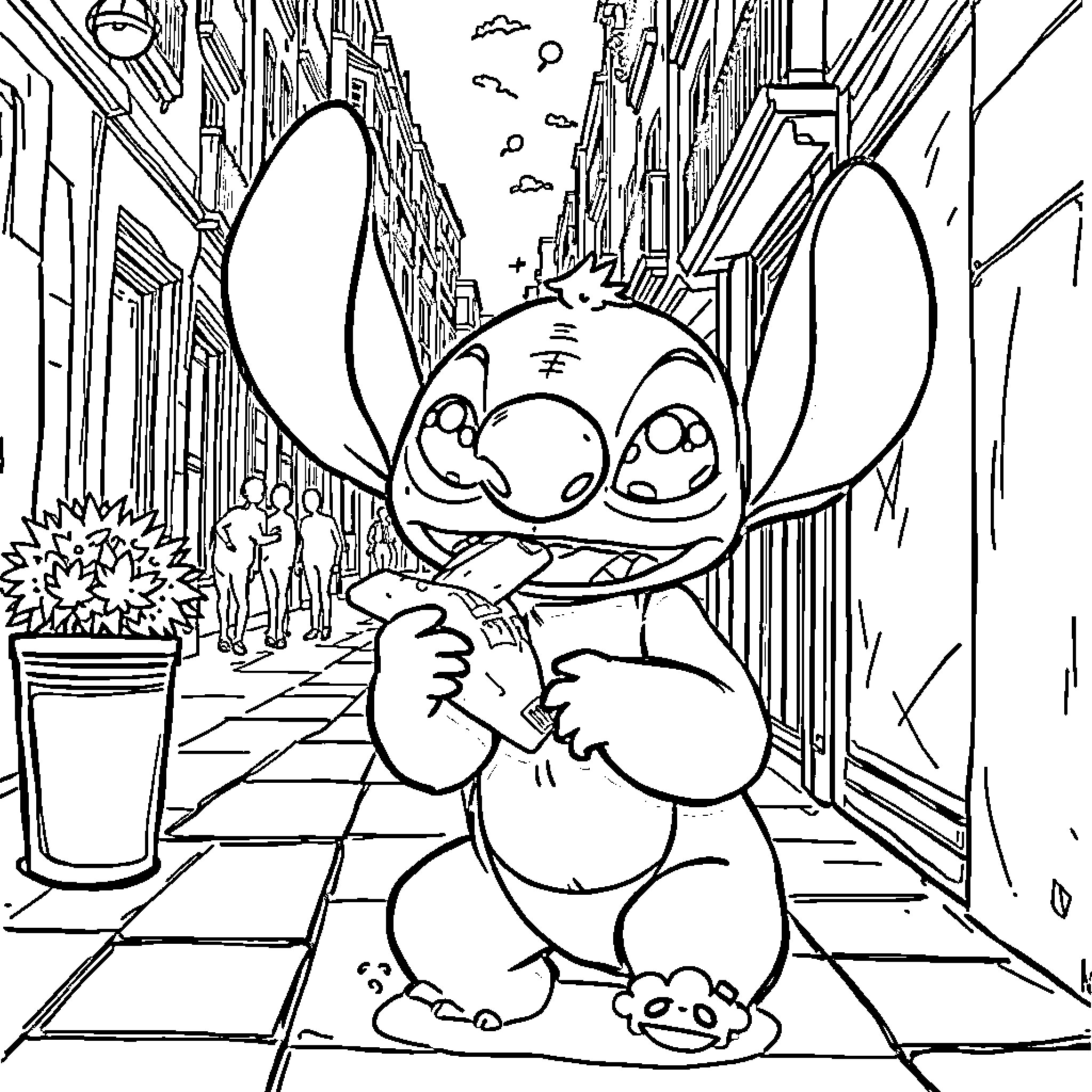 Stitch explores the bustling city streets Coloring Page (free black-and-white line drawing printable PDF for all, from beginners to advanced learners, including children, teens, adults, and seniors)