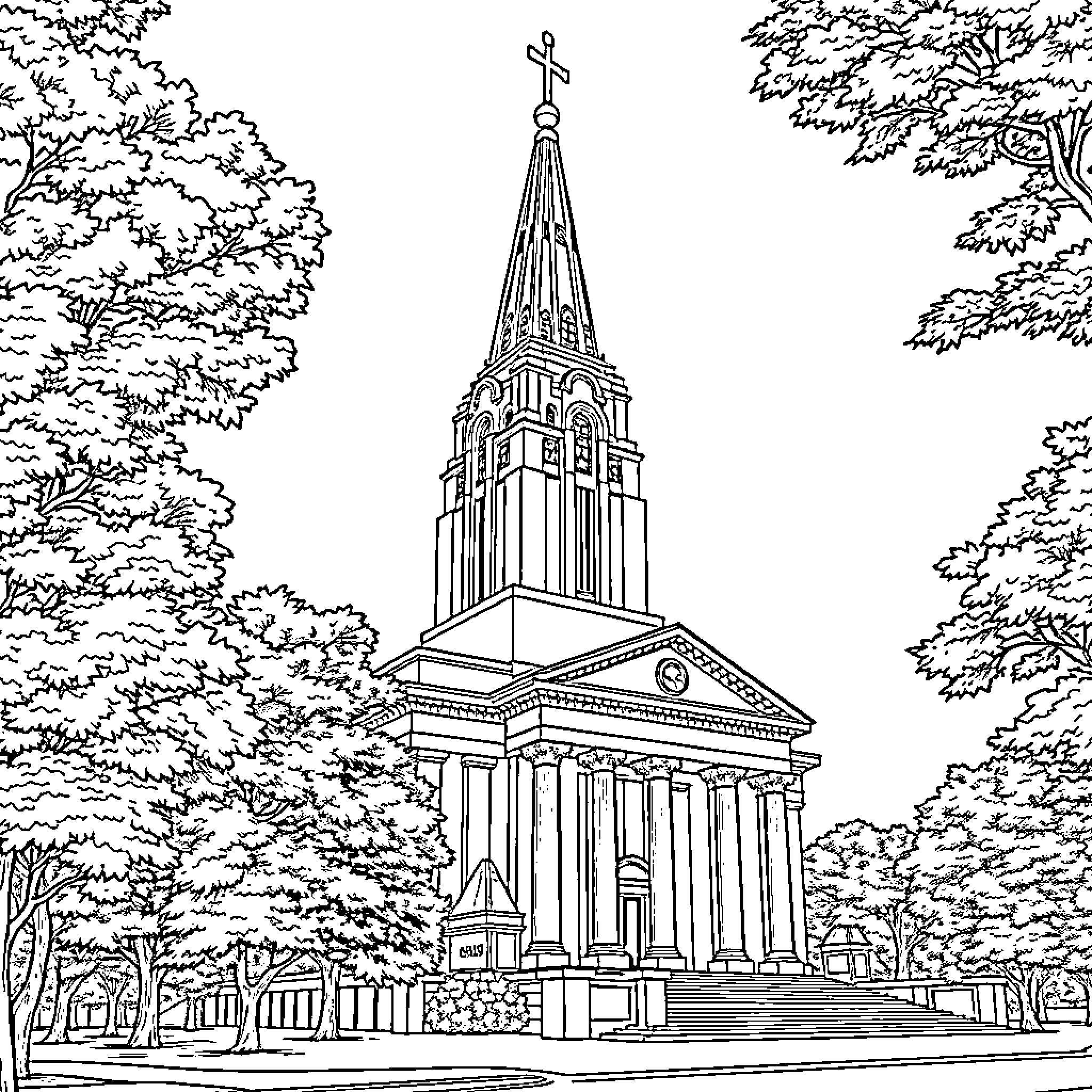 Nauvoo Temple surrounded by trees and nature Coloring Page (free black-and-white line drawing printable PDF for all, from beginners to advanced learners, including children, teens, adults, and seniors)