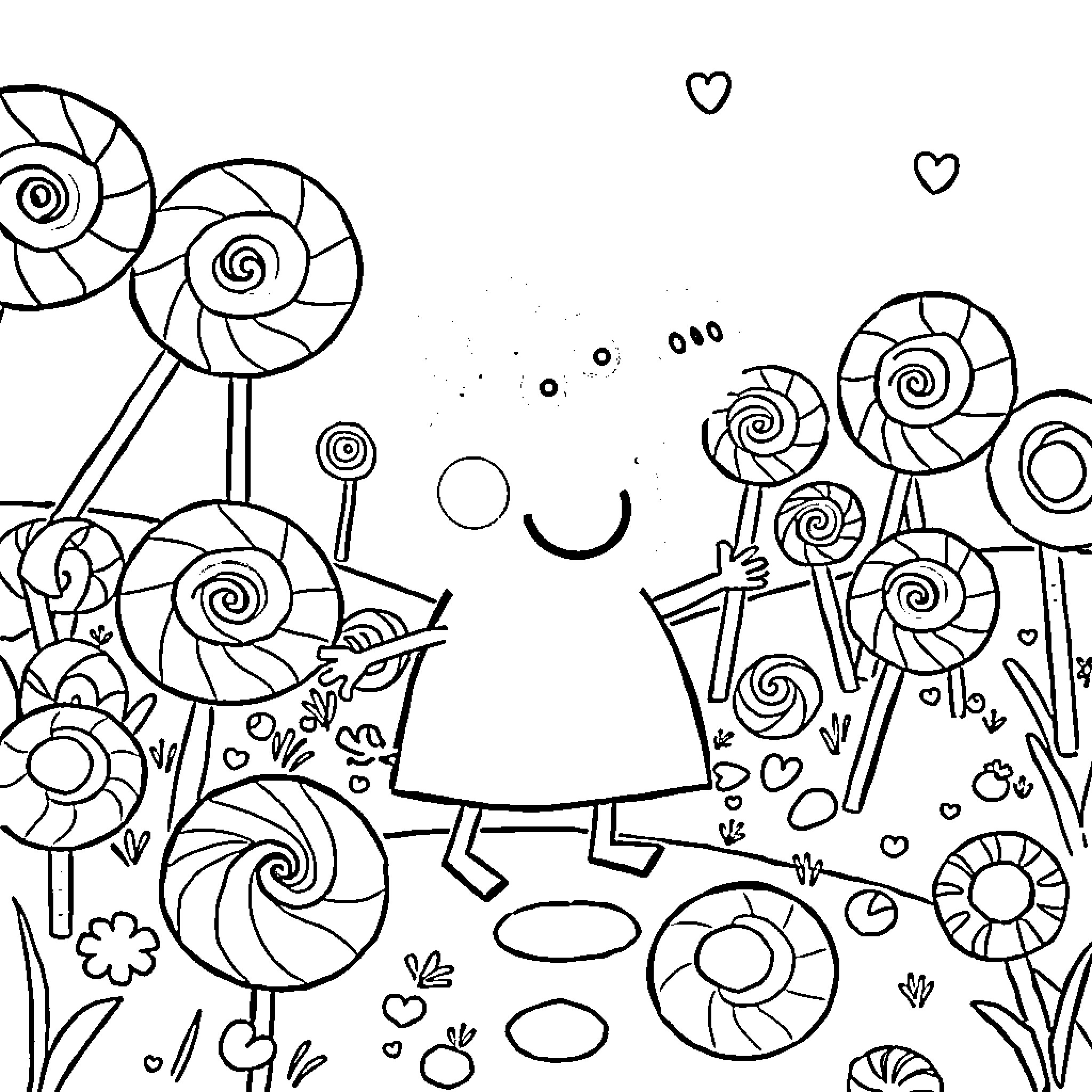 Peppa Pig explores a whimsical candy-filled world Coloring Page (free black-and-white line drawing printable PDF for all, from beginners to advanced learners, including children, teens, adults, and seniors)