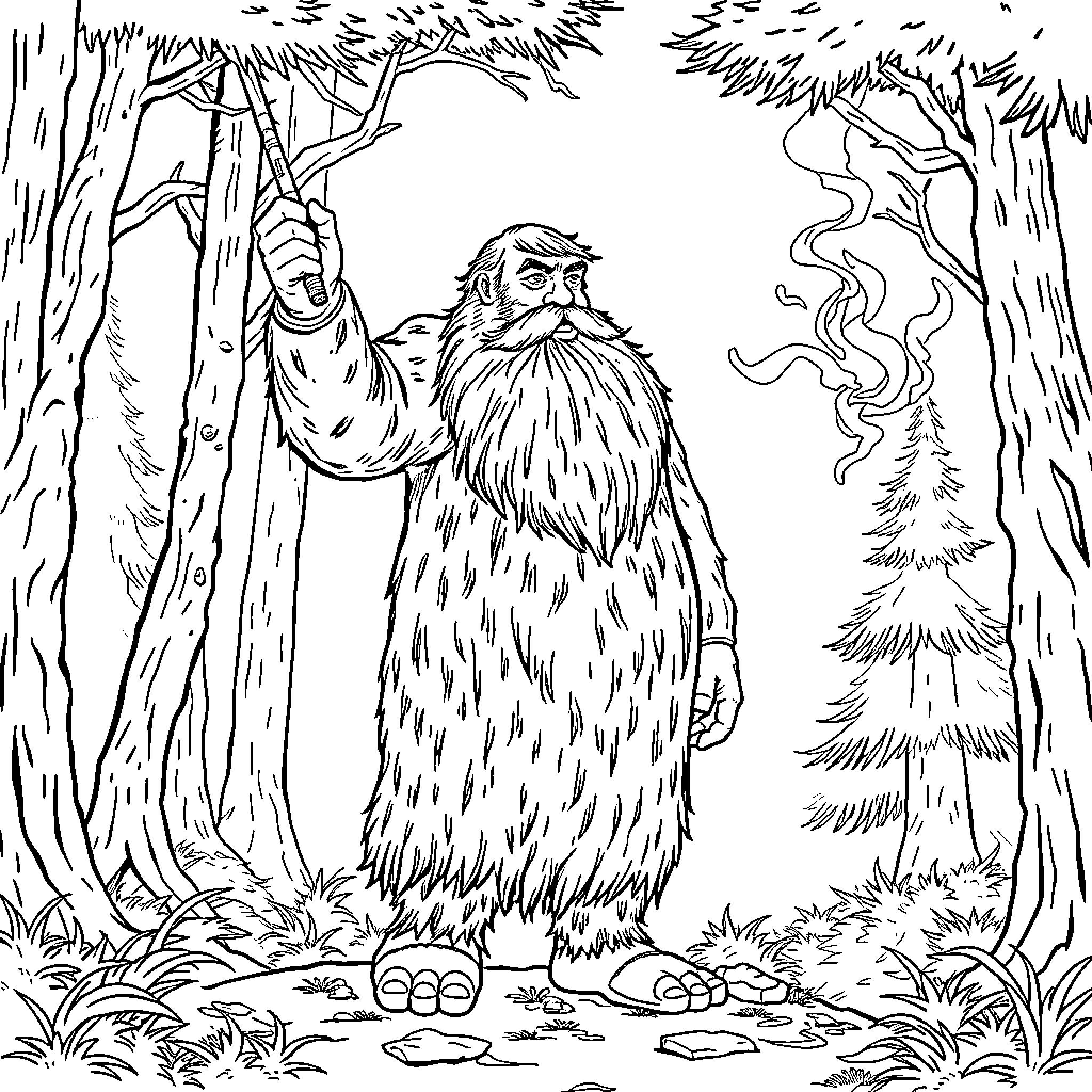 Hagrid exploring the enchanted forest Coloring Page (free black-and-white line drawing printable PDF for all, from beginners to advanced learners, including children, teens, adults, and seniors)