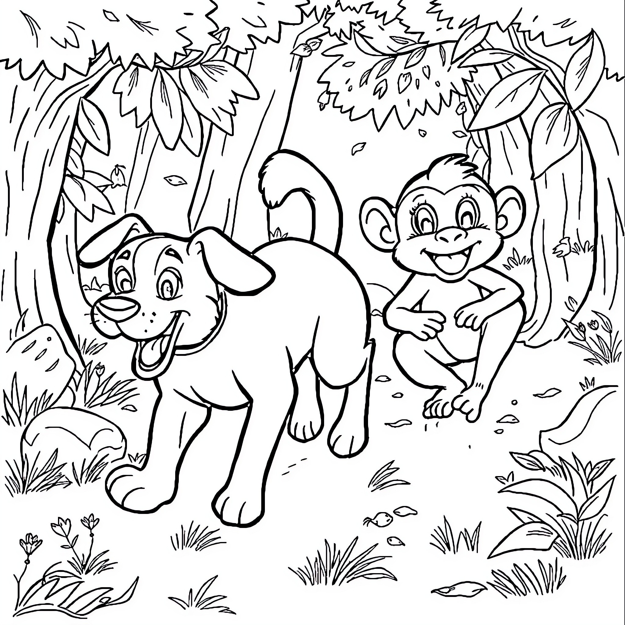 Dog and Monkey Playing in the Jungle Coloring Page (free black-and-white line drawing printable PDF for all, from beginners to advanced learners, including children, teens, adults, and seniors)