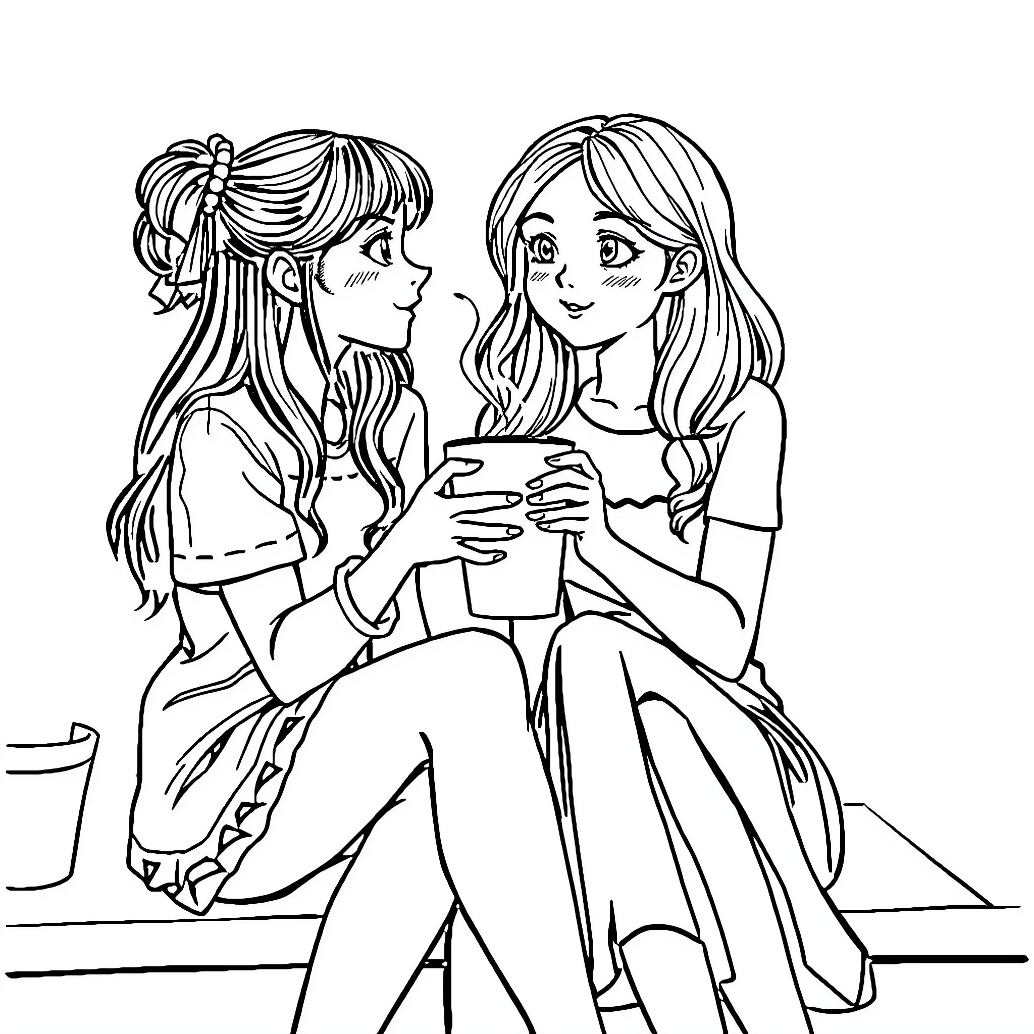 Girls Chatting and Sharing a Moment Coloring Page (free black-and-white line drawing printable PDF for all, from beginners to advanced learners, including children, teens, adults, and seniors)