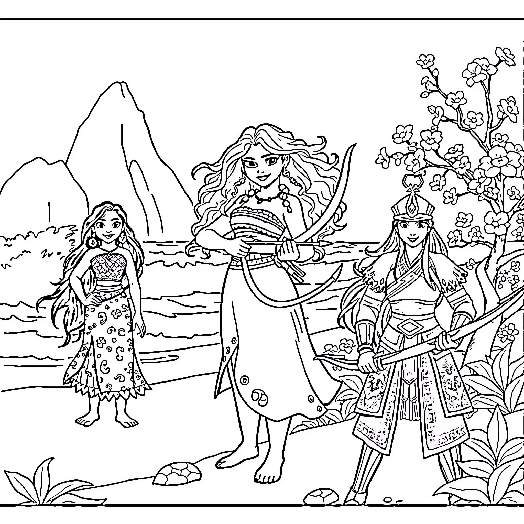 Disney Princess Adventure in the Mountains Coloring Page (free black-and-white line drawing printable PDF for all, from beginners to advanced learners, including children, teens, adults, and seniors)