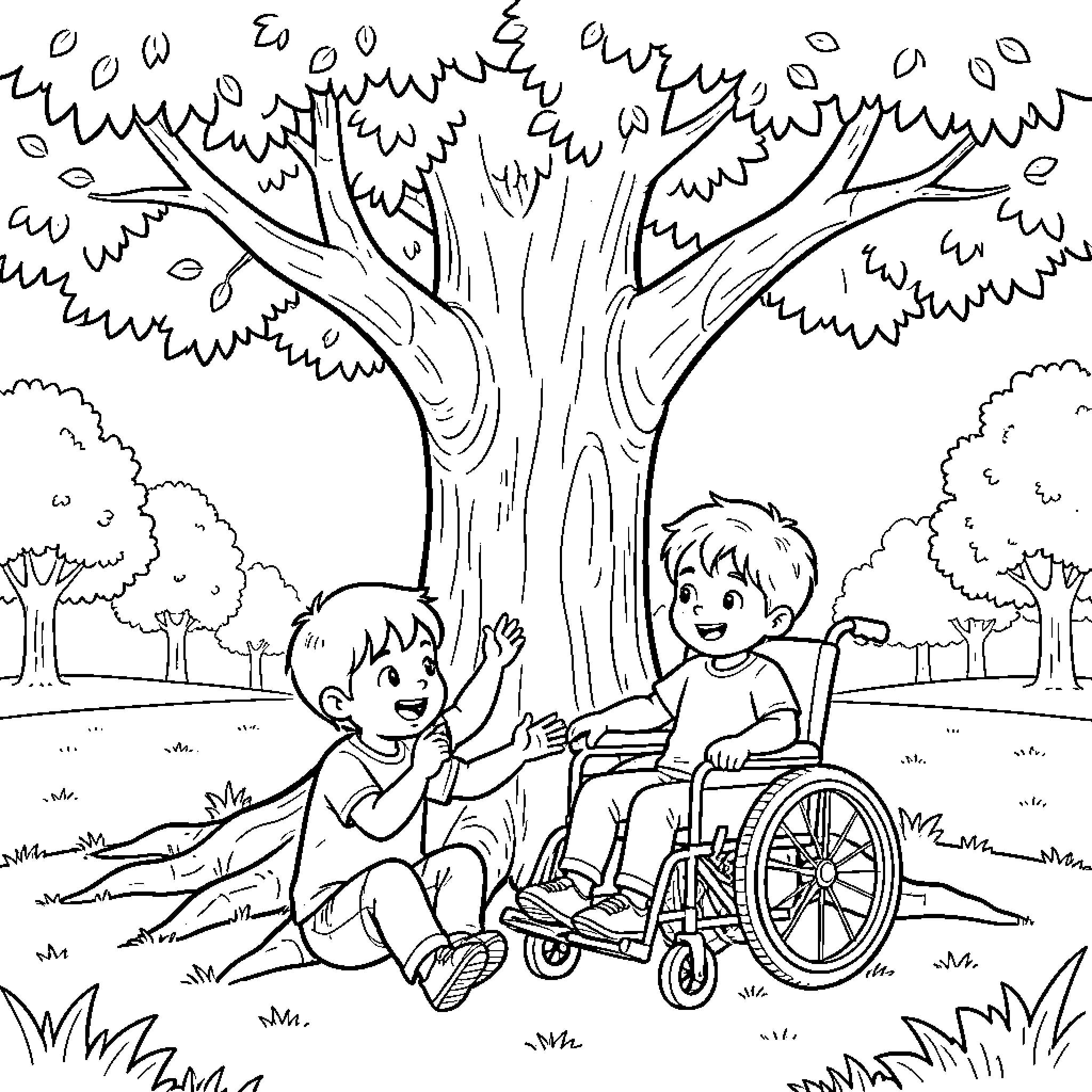 Niño playing joyfully with a friend in a wheelchair Coloring Page (free black-and-white line drawing printable PDF for all, from beginners to advanced learners, including children, teens, adults, and seniors)