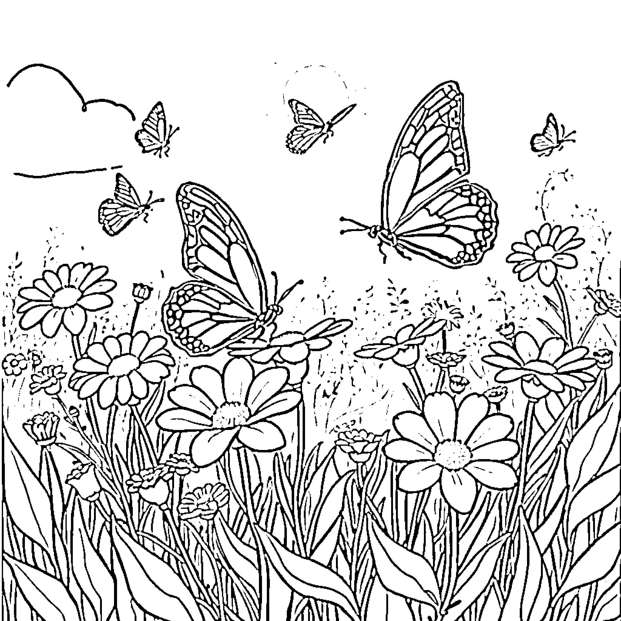 Butterfly Garden with Floral Patterns Coloring Page (free black-and-white line drawing printable PDF for all, from beginners to advanced learners, including children, teens, adults, and seniors)