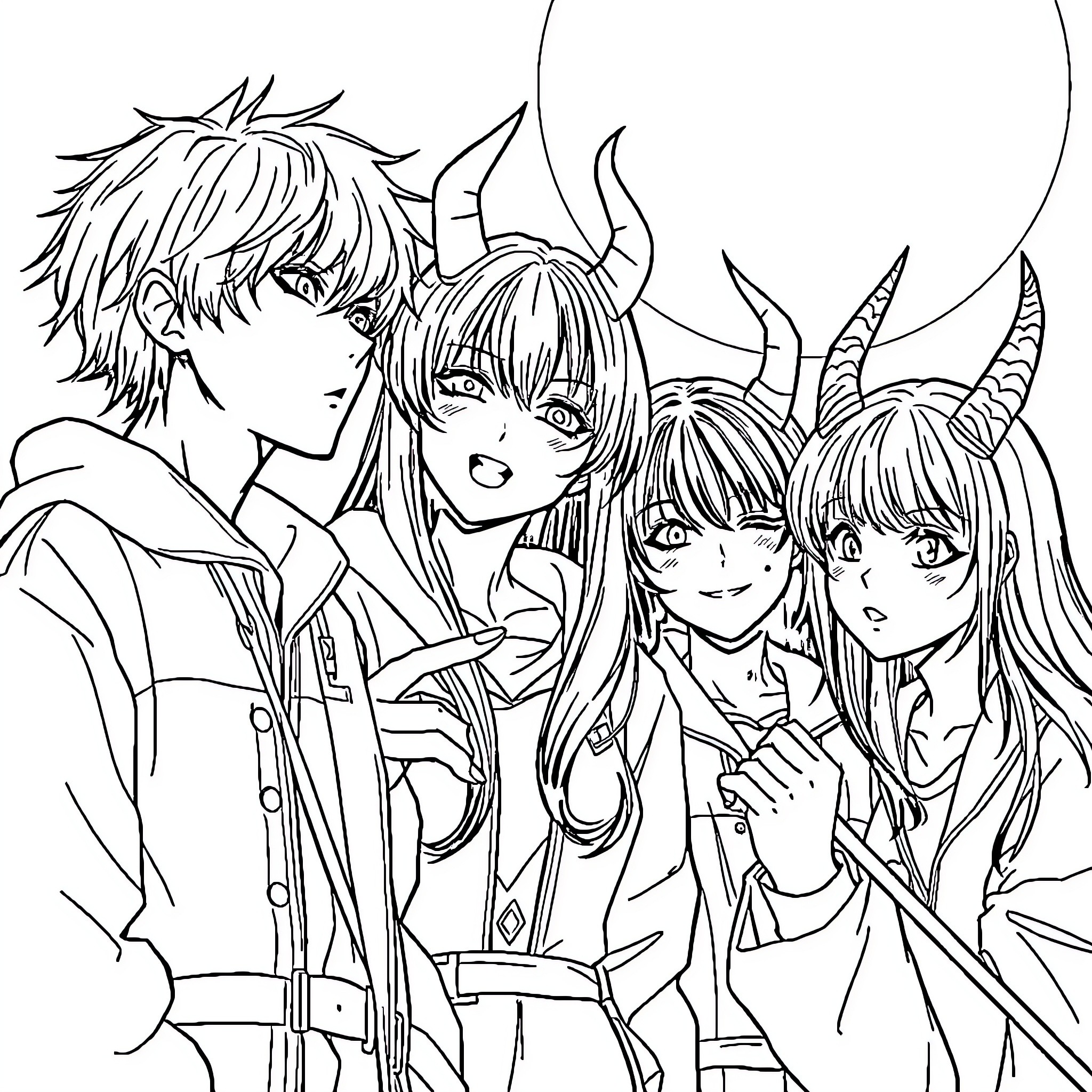 Demon Hunter Battles Alongside Companions Coloring Page (free black-and-white line drawing printable PDF for all, from beginners to advanced learners, including children, teens, adults, and seniors)