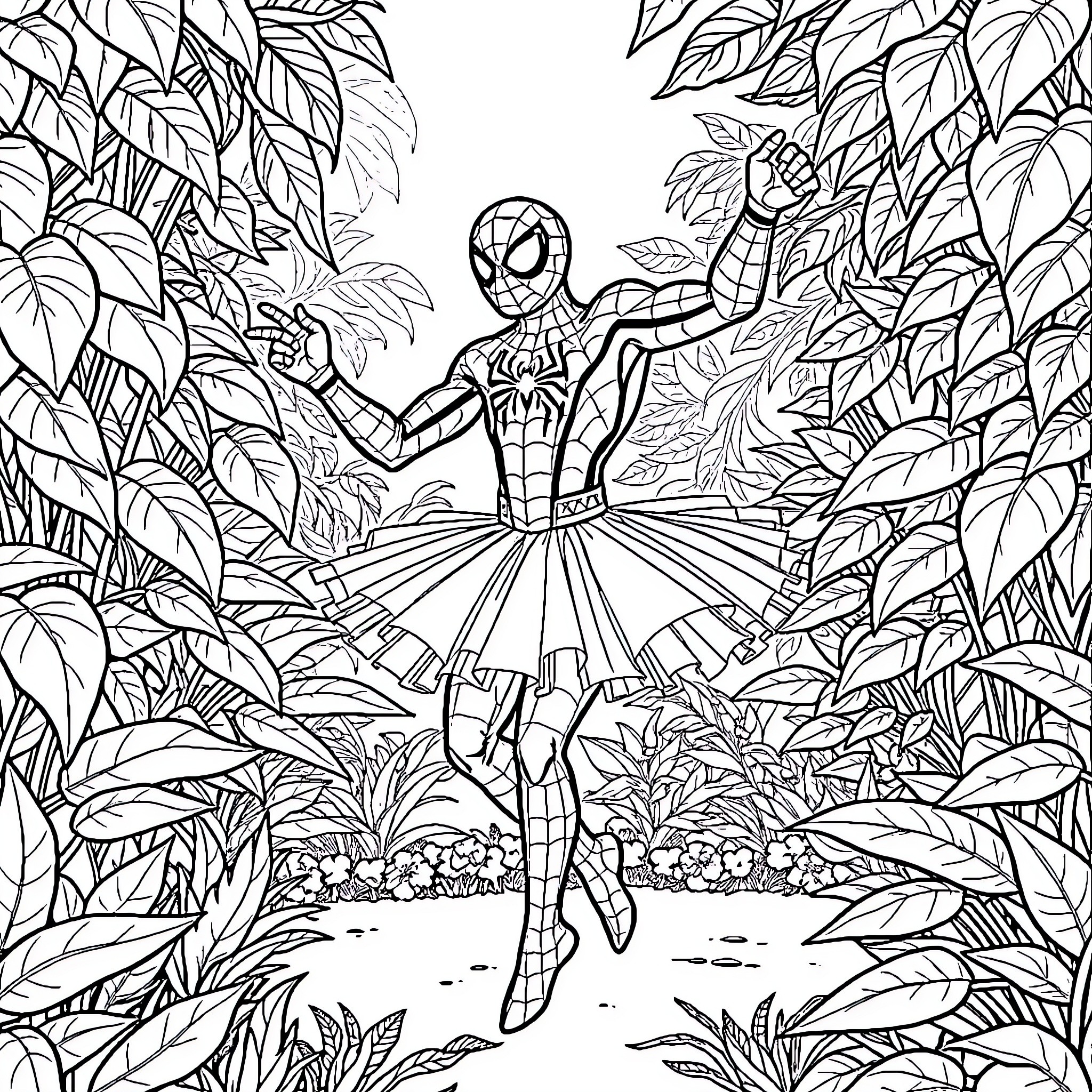 Spiderman dancing in a lush botanical garden Coloring Page (free black-and-white line drawing printable PDF for all, from beginners to advanced learners, including children, teens, adults, and seniors)
