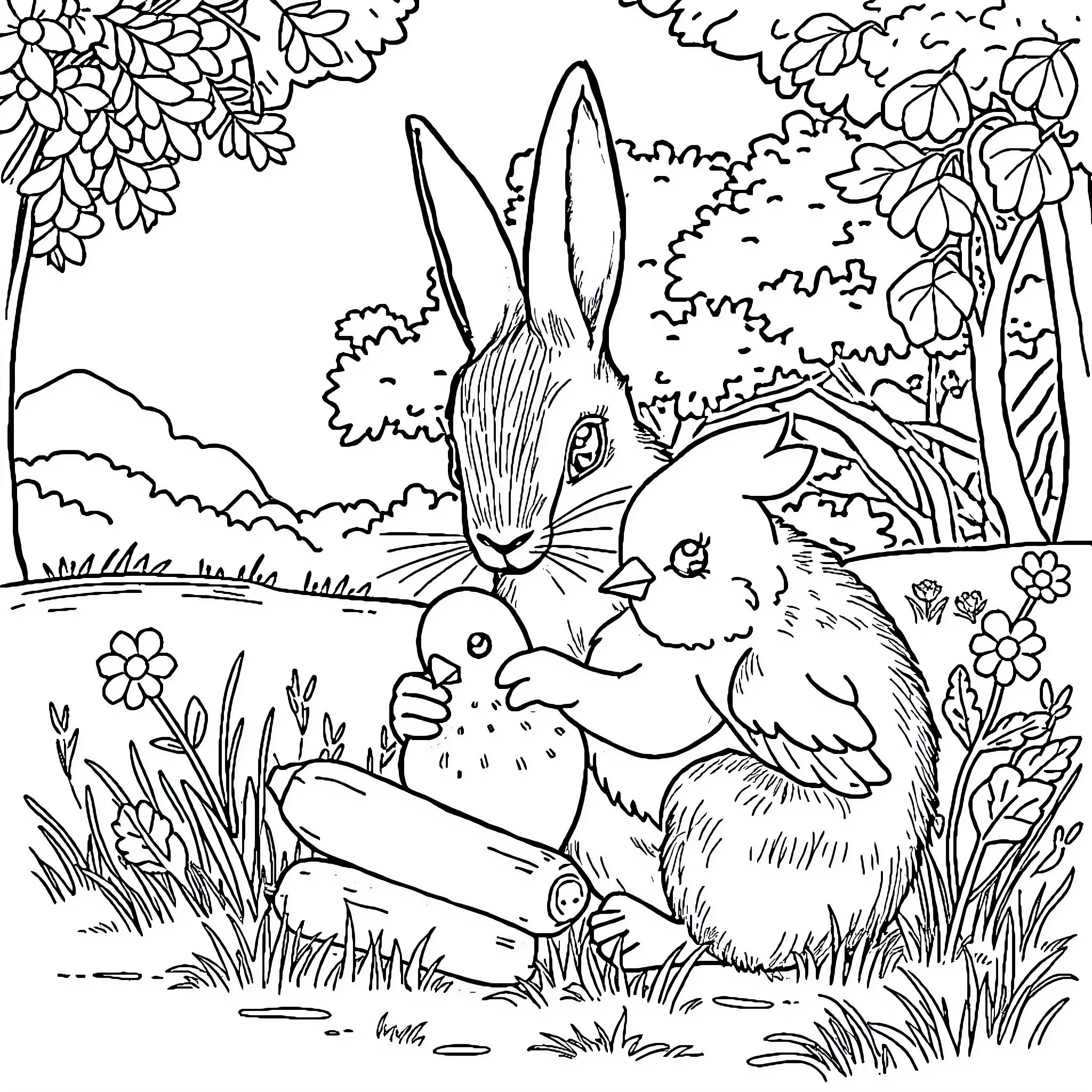Rabbit family playing in a garden Coloring Page (free black-and-white line drawing printable PDF for all, from beginners to advanced learners, including children, teens, adults, and seniors)