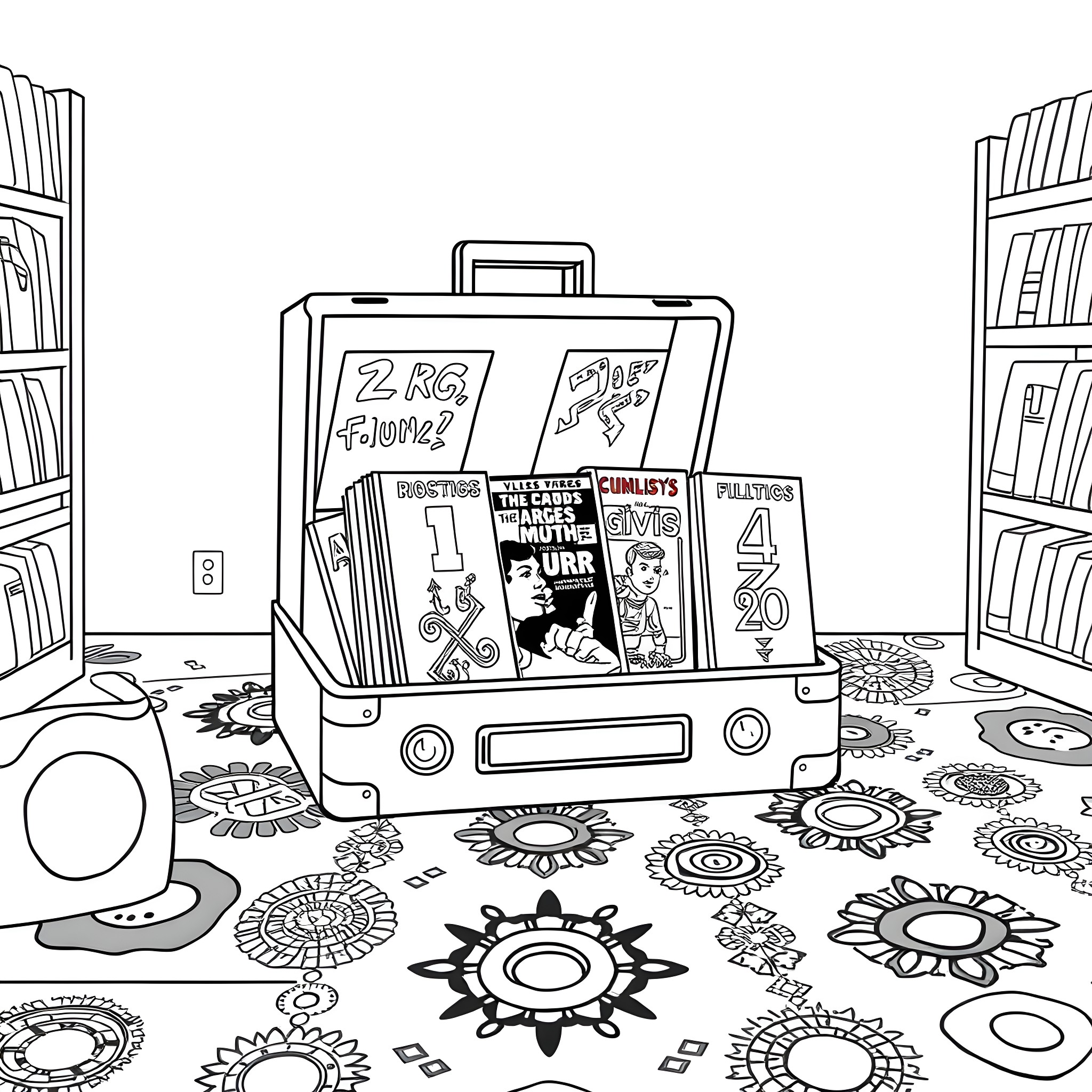 Video Rental Store with Variety of Retro Rental Tapes Coloring Page (free black-and-white line drawing printable PDF for all, from beginners to advanced learners, including children, teens, adults, and seniors)