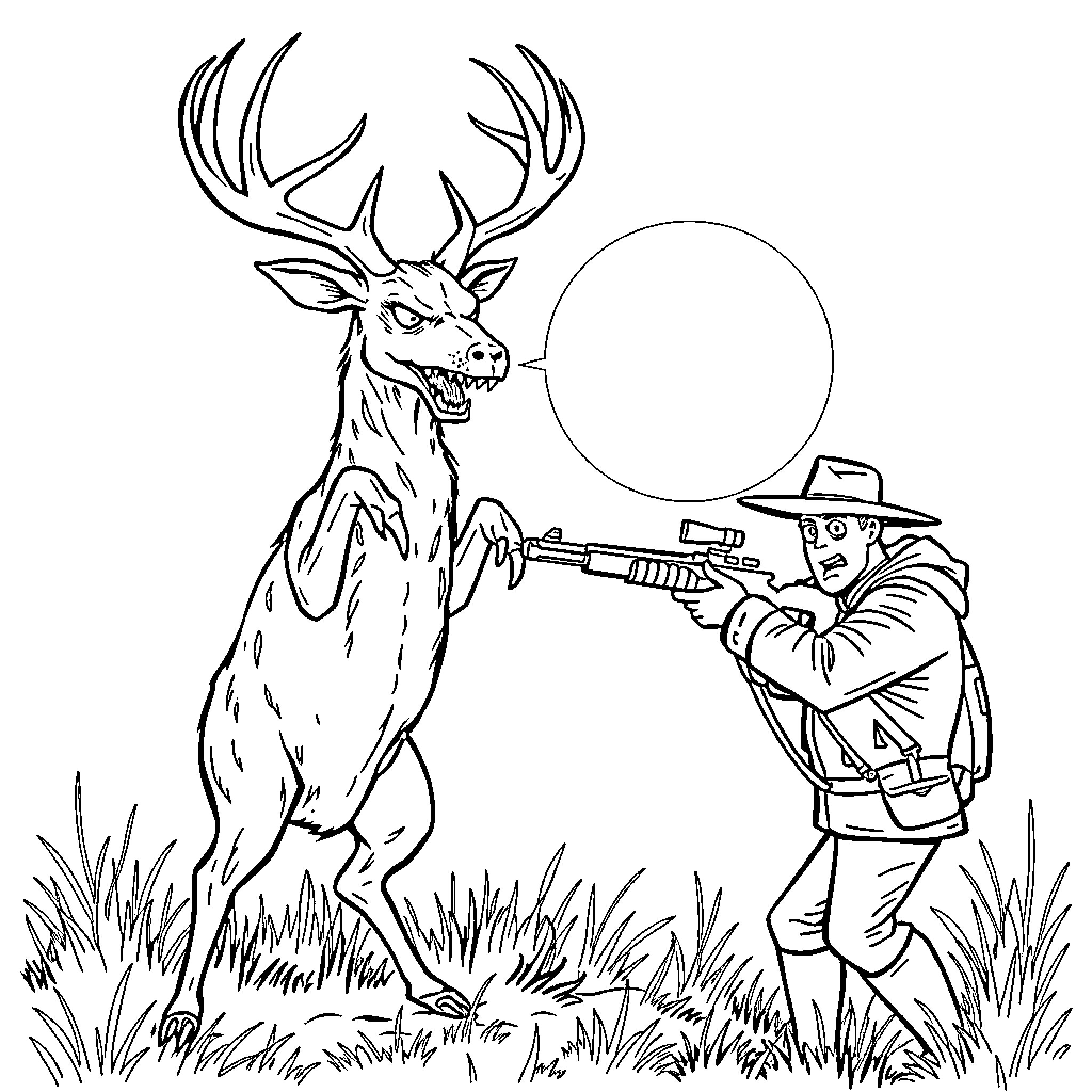 Deer startled by a hunter in the forest Coloring Page (free black-and-white line drawing printable PDF for all, from beginners to advanced learners, including children, teens, adults, and seniors)