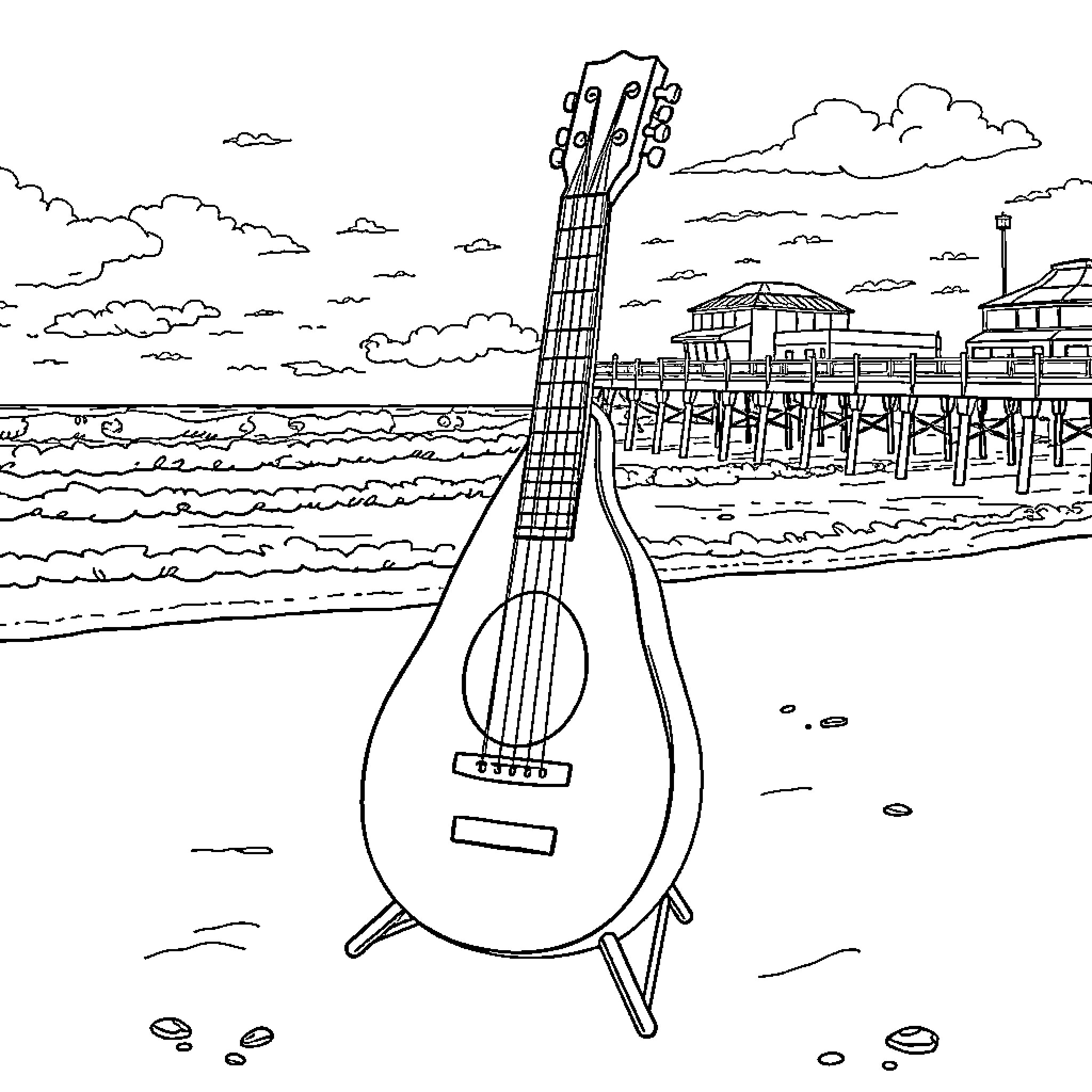 Avocado Guitar on the Beach Coloring Page (free black-and-white line drawing printable PDF for all, from beginners to advanced learners, including children, teens, adults, and seniors)