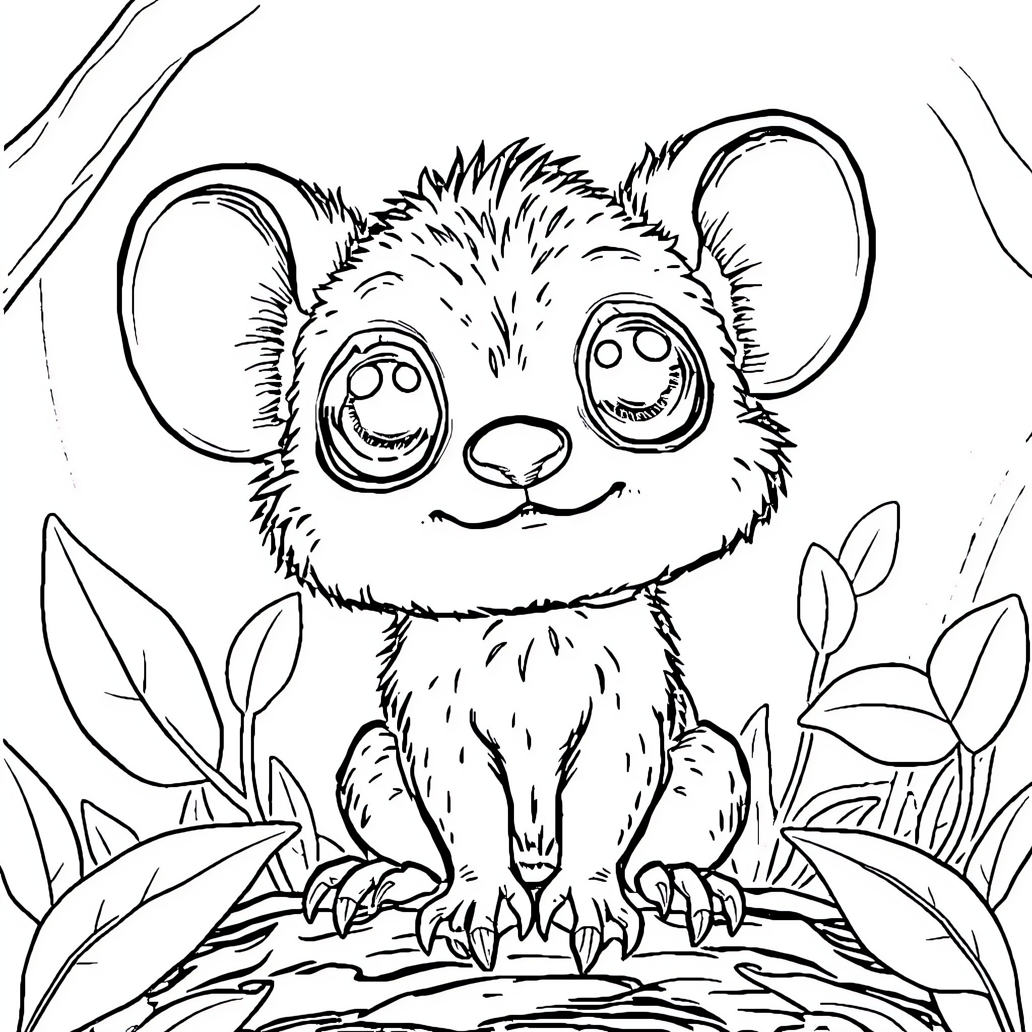 Labubu the cute and curious creature in nature Coloring Page (free black-and-white line drawing printable PDF for all, from beginners to advanced learners, including children, teens, adults, and seniors)